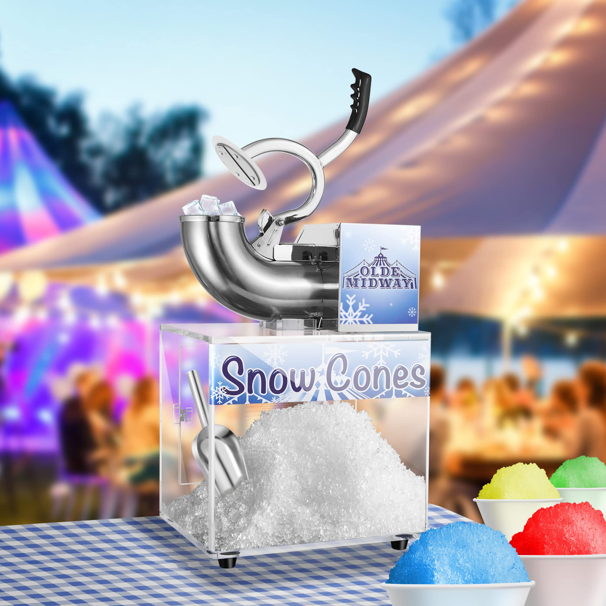 Olde Midway Commercial Snow Cone Machine - Heavy Duty Shaved Ice Maker with Stainless Steel Scoop for Parties, Events & Concessions