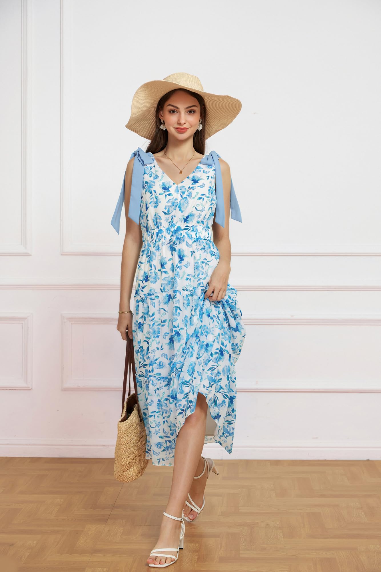 GRACE KARIN Women's Floral Summer Dress - Casual Flowy Long V-Neck Sleeveless Sundress with Tiered Skirt & Bow Detail | Perfect for Beach Weddings, Guest Events & Vacation Outfits