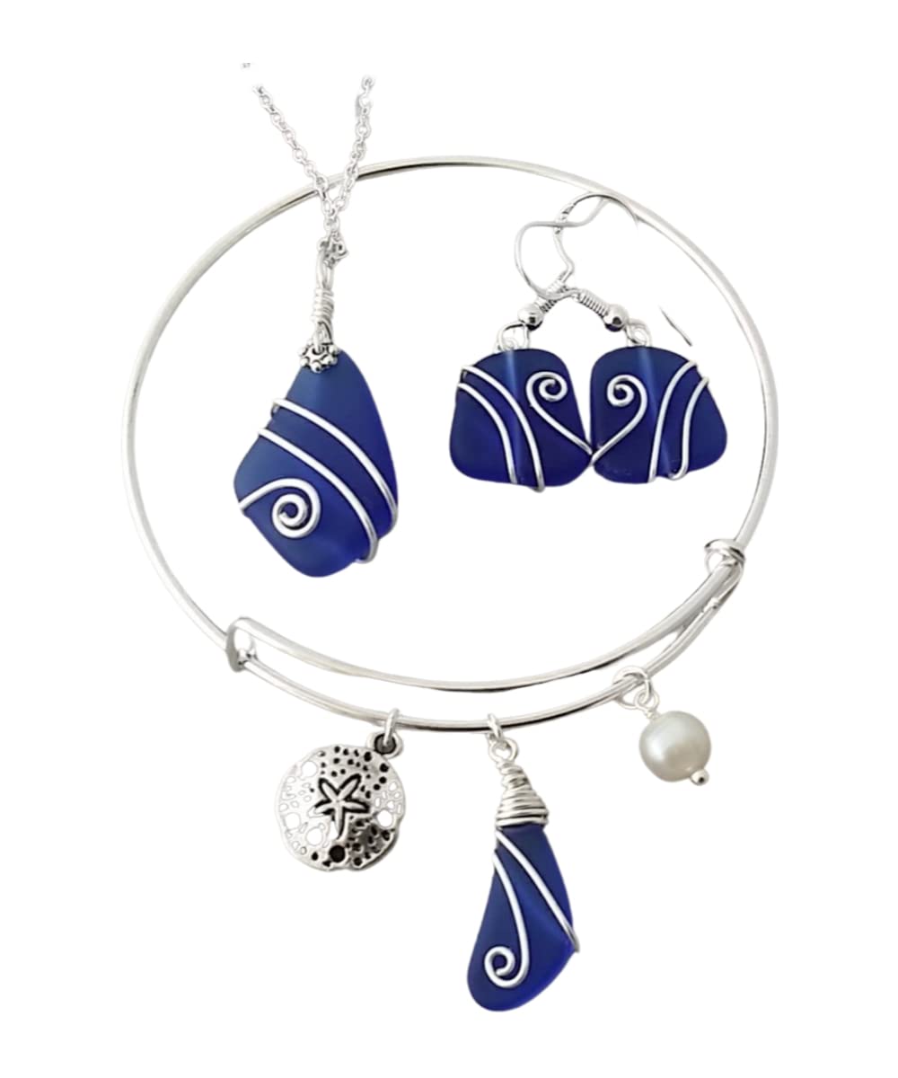 Handmade Wire Wrapped Cobalt Blue Sea Glass Necklace, Earrings & Bracelet Jewelry Set with Sand Dollar Charm - Hawaii Inspired Beach Jewelry Gift Set (Perfect for Beach Weddings, Vacation Accessories & Hawaiian Souvenirs)