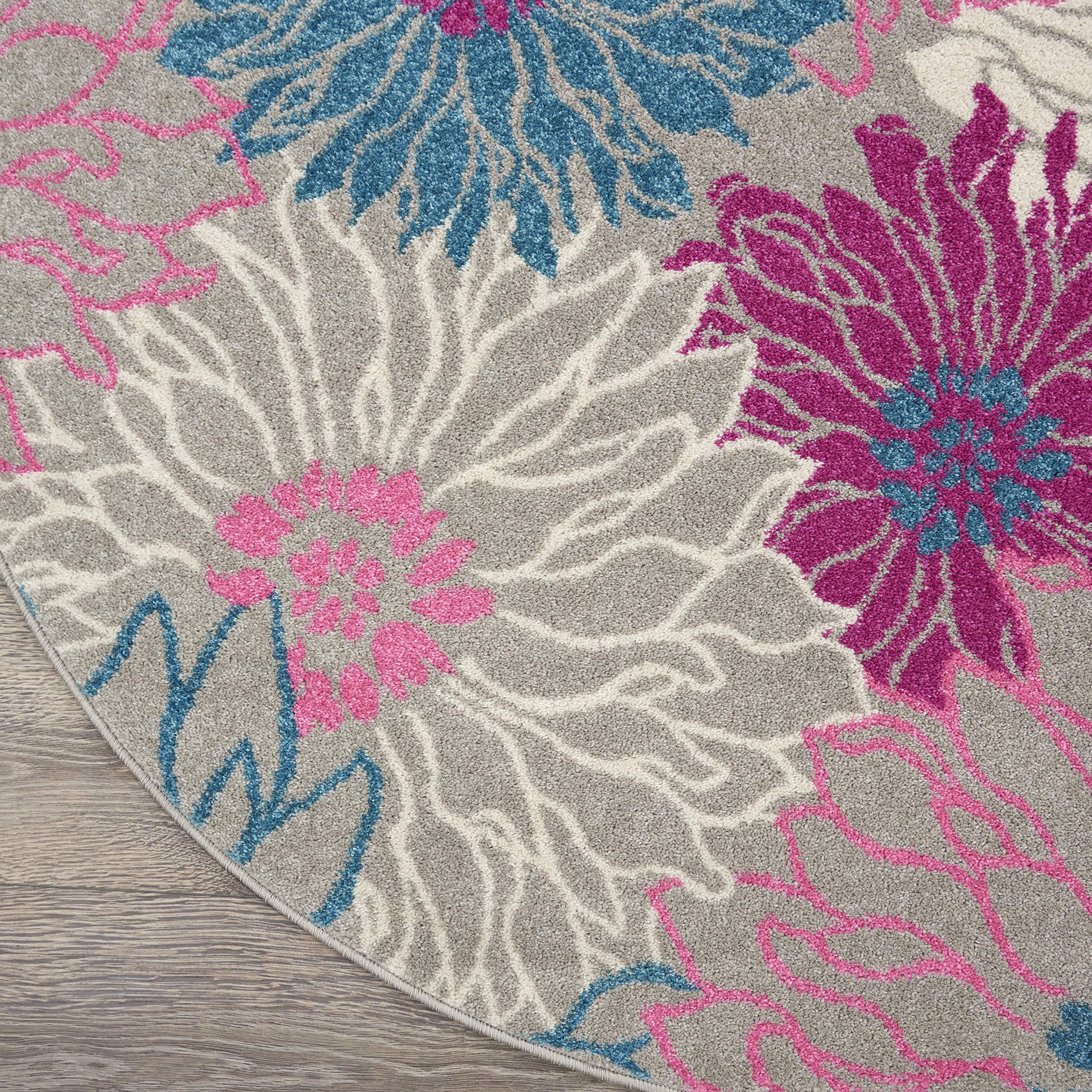 Nourison Passion Grey 8' Round Floral Farmhouse Area Rug - Non-Shedding & Easy to Clean - Perfect for Bedroom, Living Room, Dining Room & Kitchen Decor