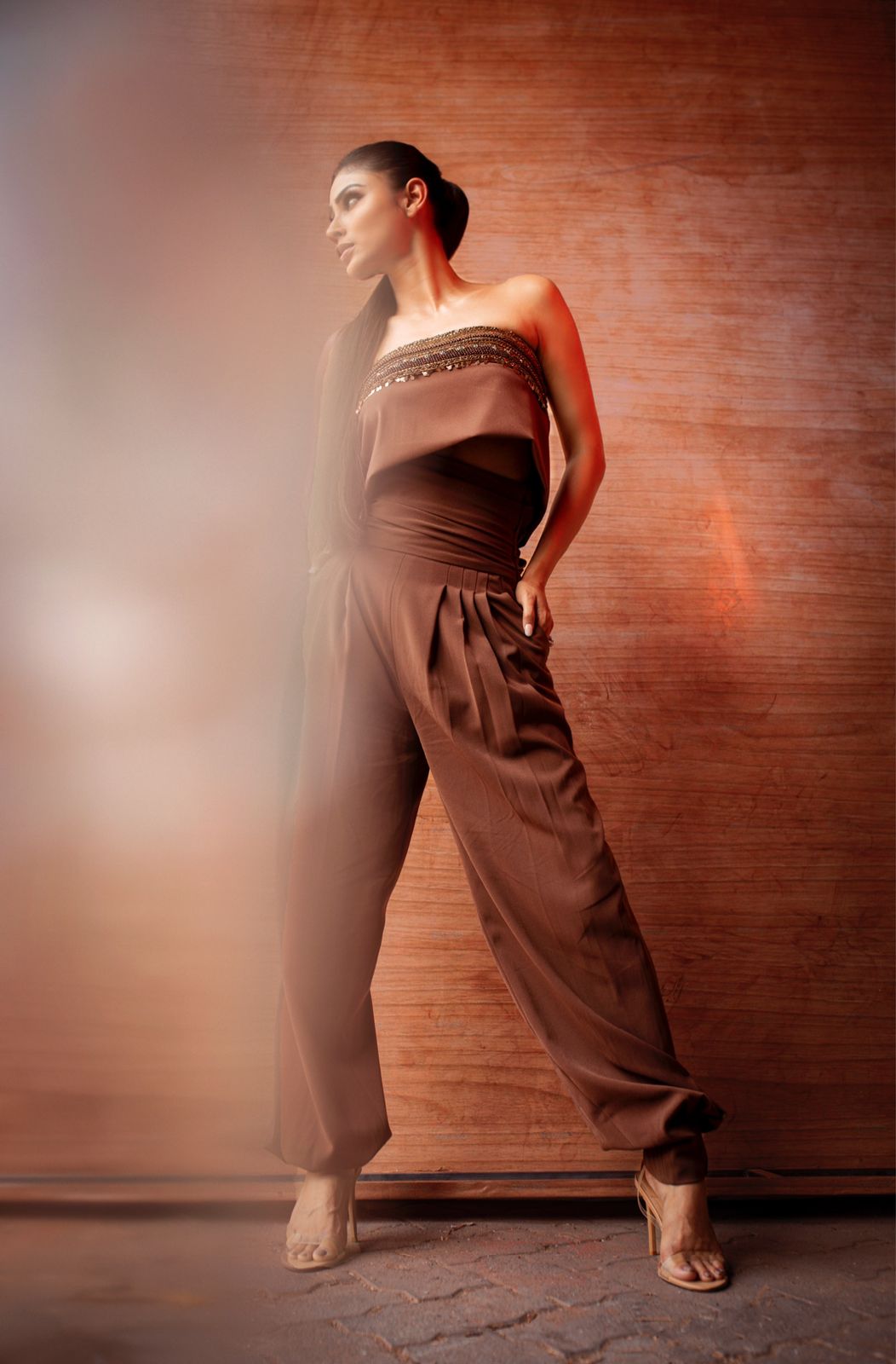Dark Tan High Waist Pants with Tube Top - Vintage Gold Embroidery Women's Fashion Set for Party, Night Out, and Special Occasions