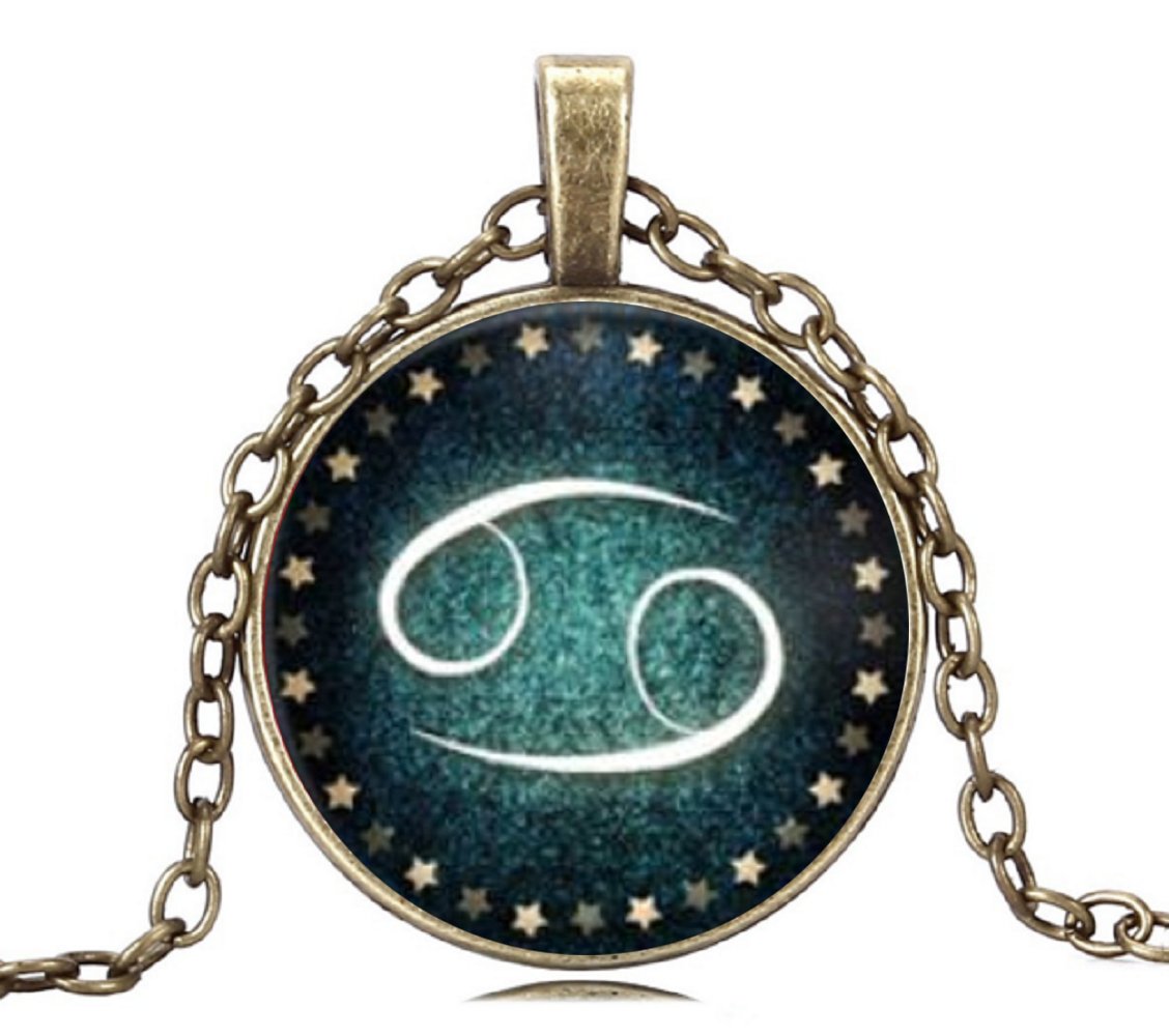 Unique Fashion Zodiac Cancer Necklace - Glass Dome Charm with Paper Art Cabochon Picture - Perfect for Birthdays, Gifts & Astrology Lovers