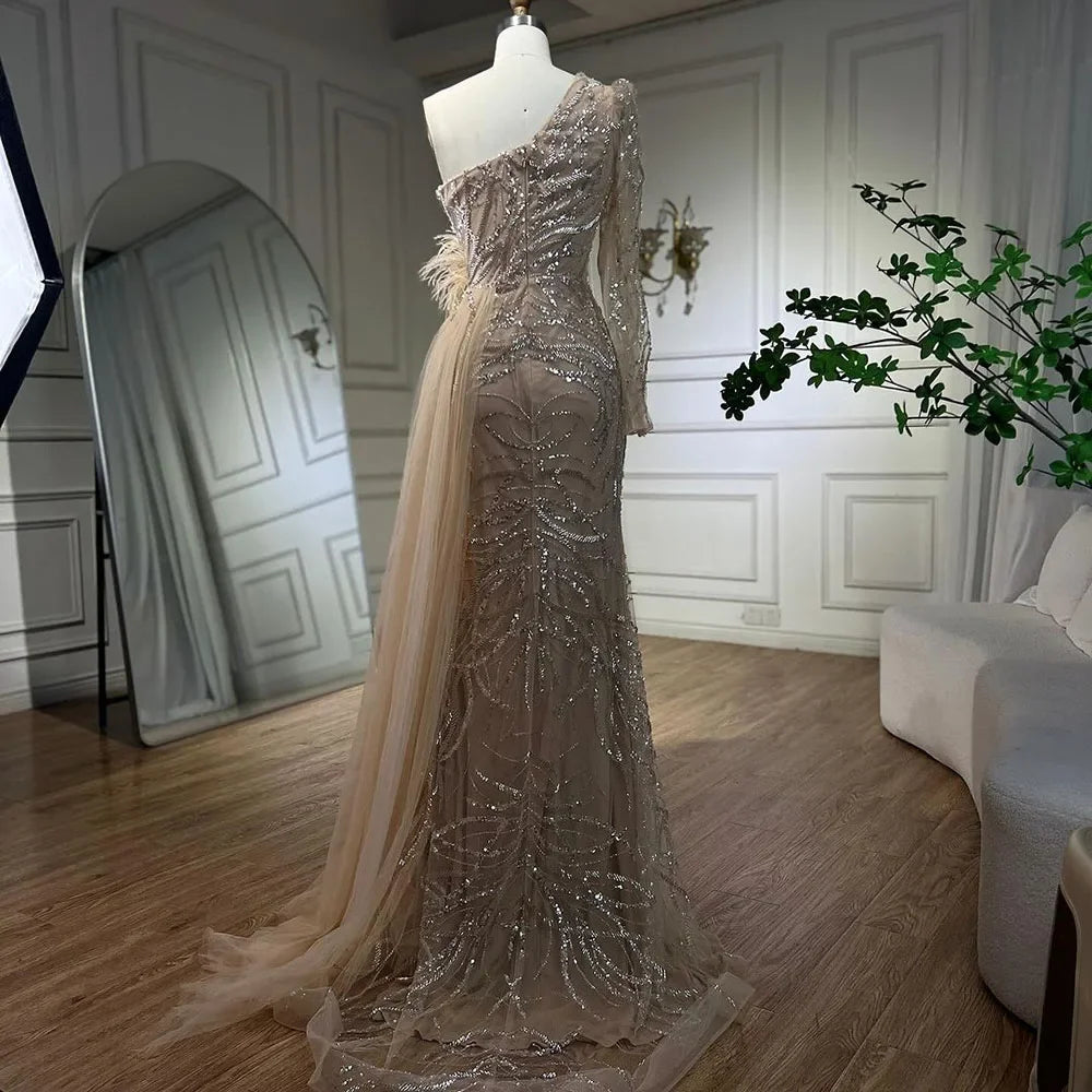 Serene Hill Caramel Mermaid Evening Gown with Overskirt & One Shoulder Beaded Feathers - Women's Formal Party Dress for Prom, Gala & Special Occasions 2025 LA71789A
