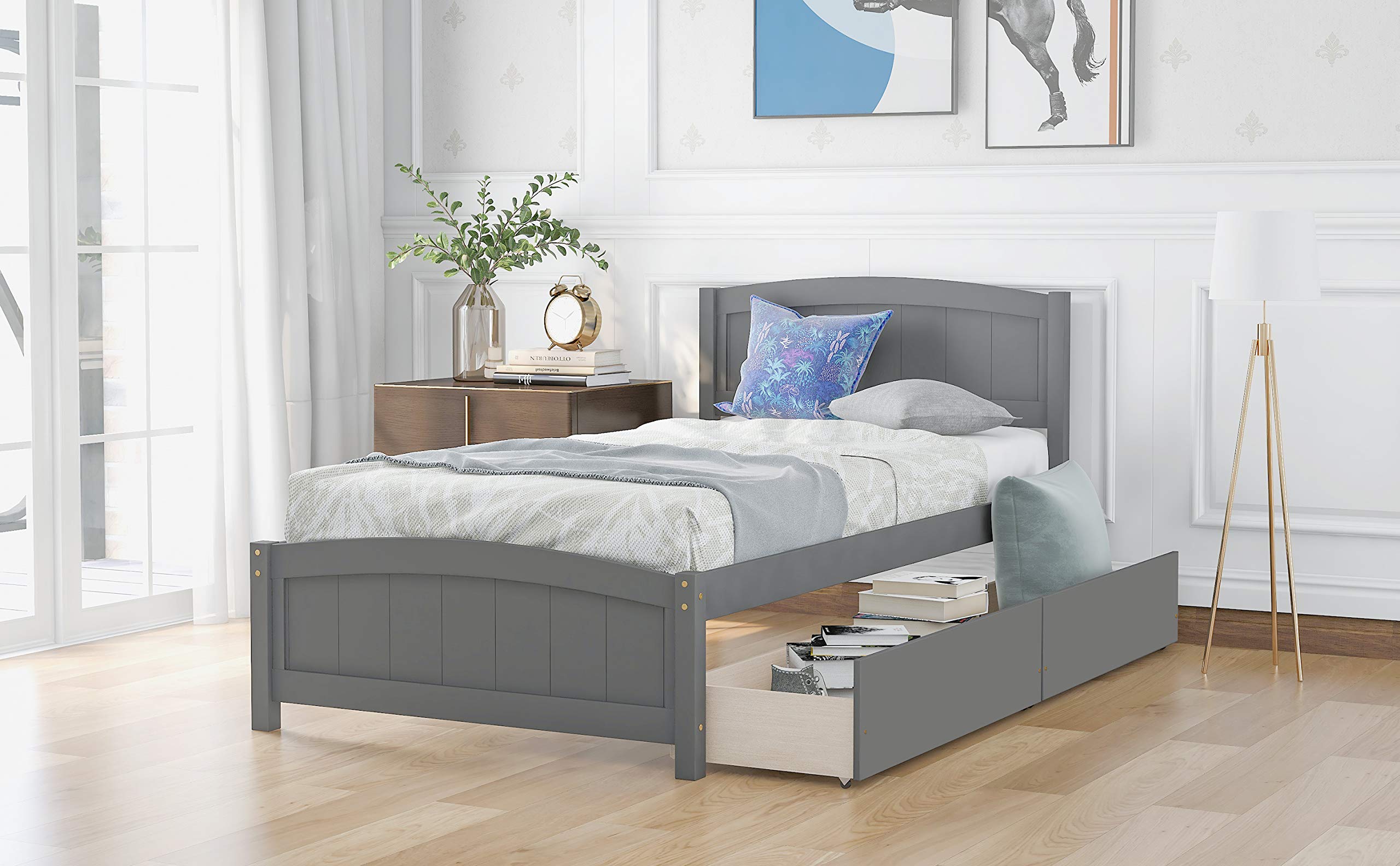 Twin Size Platform Bed Frame with 2 Storage Drawers - Solid Wood Bed with Slat Support & Headboard - No Box Spring Needed for Kids, Teens & Adults (Grey) - Perfect for Small Bedrooms, Dorms & Guest Rooms