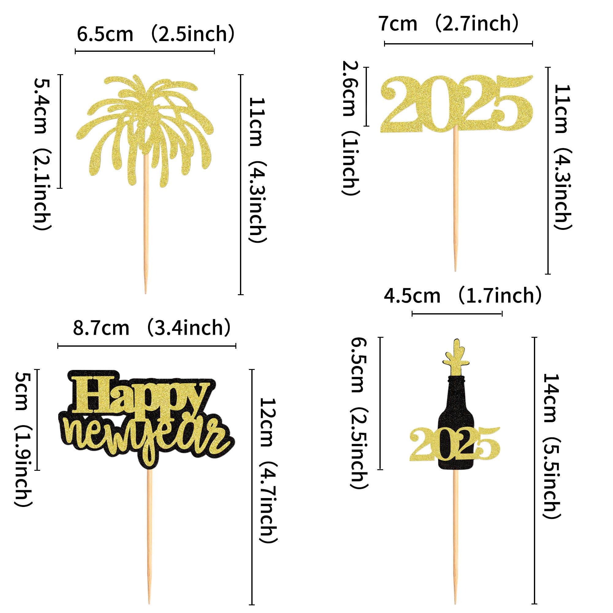 24 Pcs Gold Black Glitter Happy New Year 2025 Cupcake Toppers - Cheers to 2025 Cake Picks for New Year's Eve Party Decorations - Perfect for NYE Celebrations, Birthday Parties & Holiday Desserts