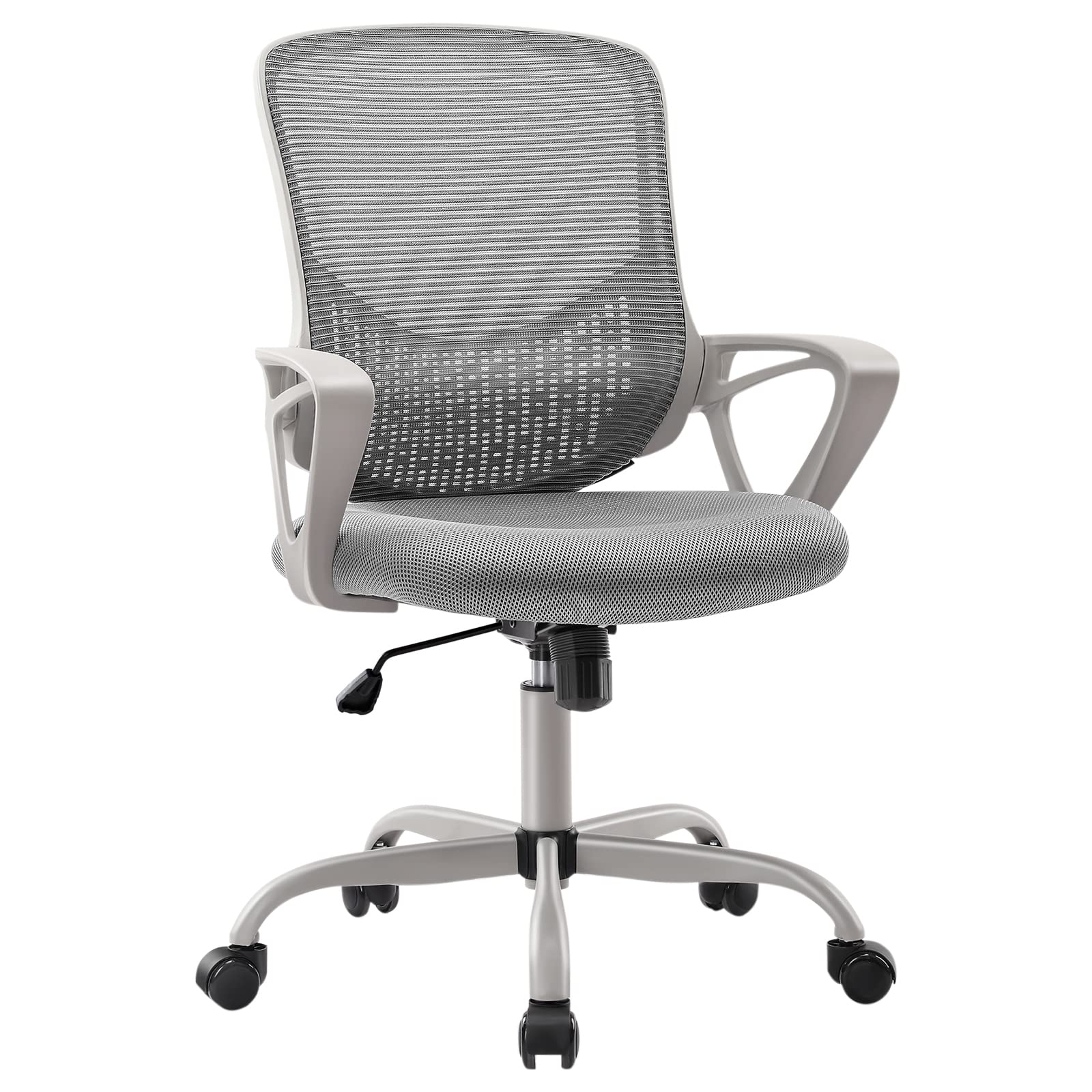 Ergonomic Office Chair with Lumbar Support - Adjustable Mesh Computer Desk Chair for Home & Office, Executive Swivel Task Chair with Soft Foam Seat Cushion and Fixed Armrests, Grey - Perfect for Long Work Hours, Gaming, and Remote Work Setup