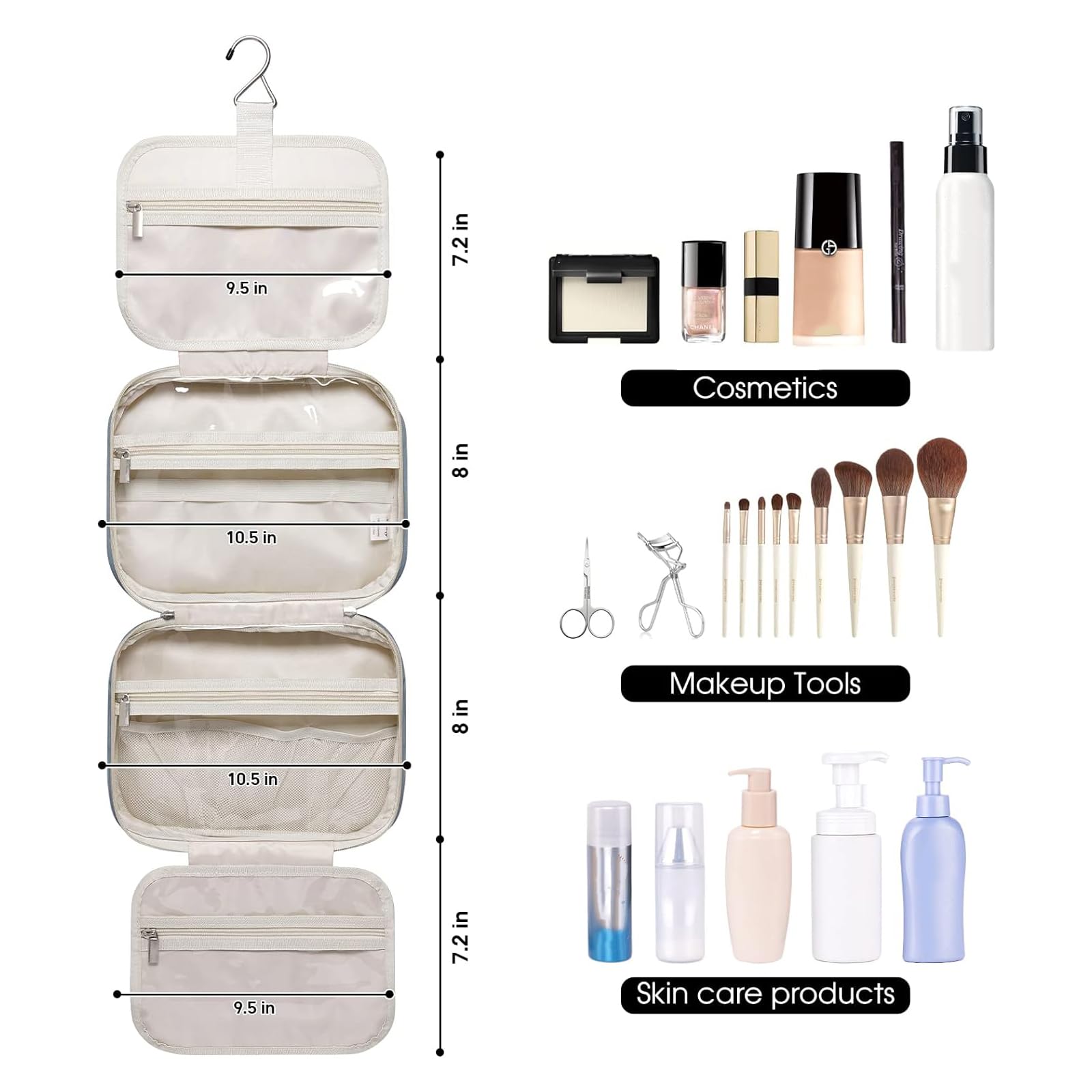 Narwey Hanging Toiletry Bag for Women - Waterproof Travel Makeup Organizer with Multiple Pockets - Perfect for Cosmetics, Toiletries & Travel Essentials (Greyish Blue, Medium Size) - Ideal for Vacation, Camping & Business Trips