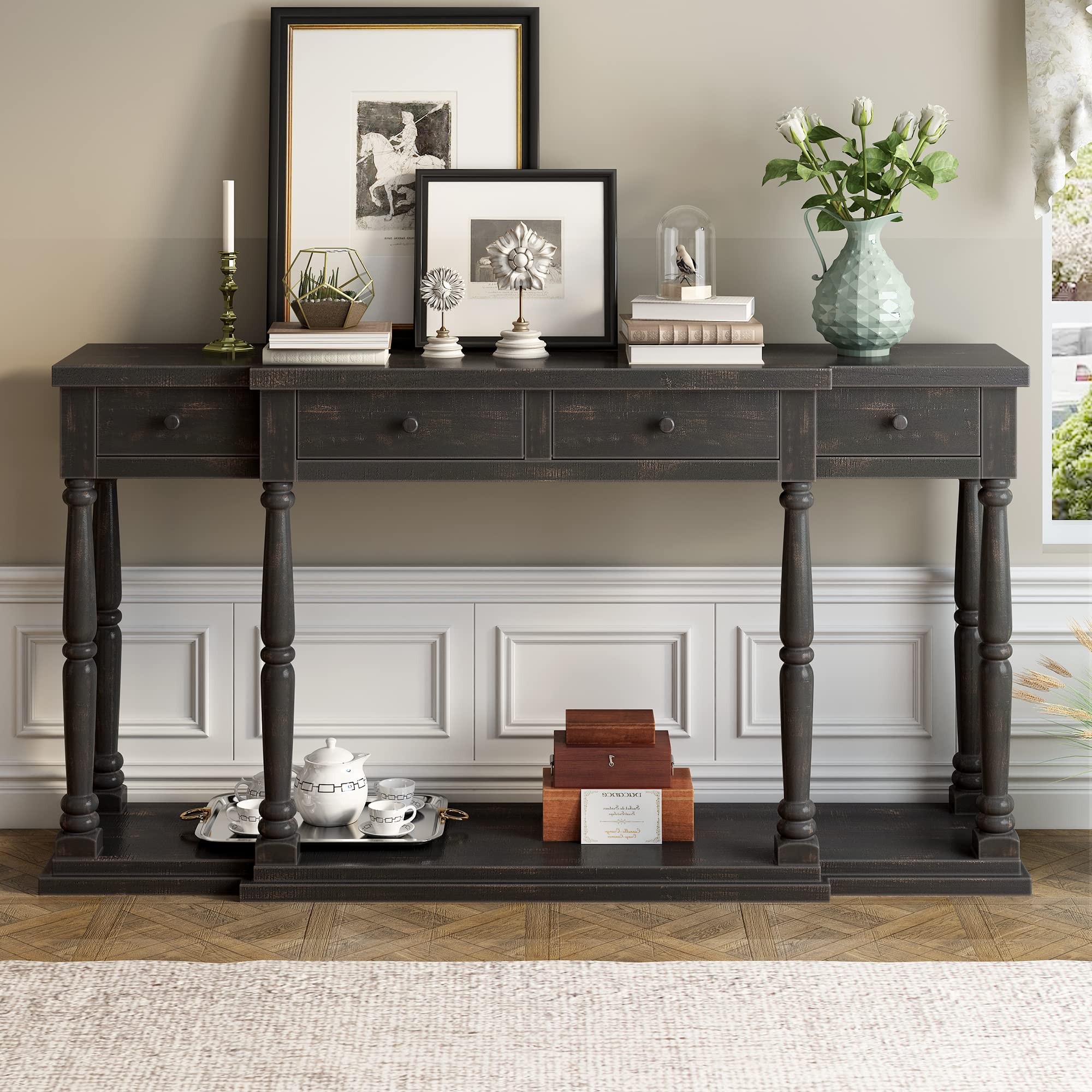 63'' Retro Wood Console Table with 4 Drawers & Shelf - Sofa Table, Sideboard for Living Room, Hallway, Entryway & Kitchen - Antique Black Finish - Perfect for Home Decor & Storage Solutions