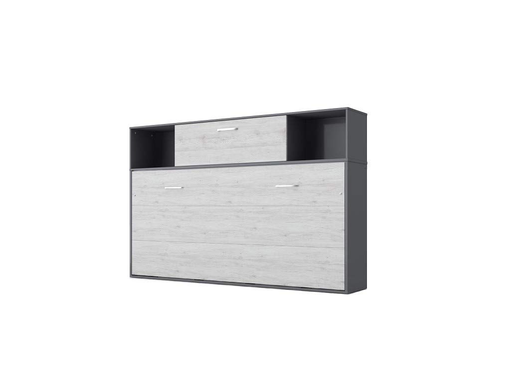 Horizontal Wall Bed with Mattress - European Twin Size with Top Cabinet (Grey/White Monaco) | Space-Saving Murphy Bed for Small Apartments, Guest Rooms & Studio Living