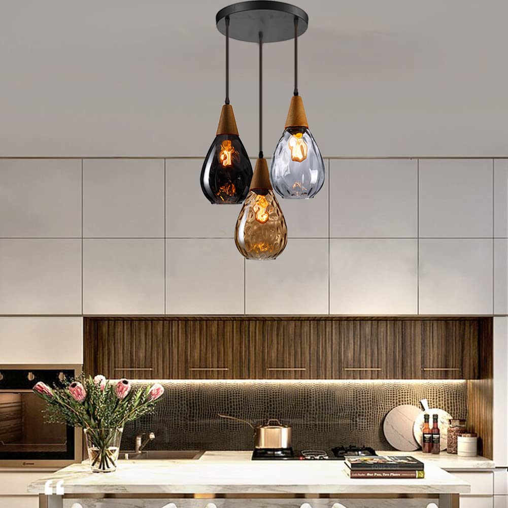 MoreChange 3-Light Cluster Glass Pendant Lighting Fixture with Water Drop Shade - Modern Kitchen Island & Dining Room Ceiling Light for Home, Bar, Restaurant Decor