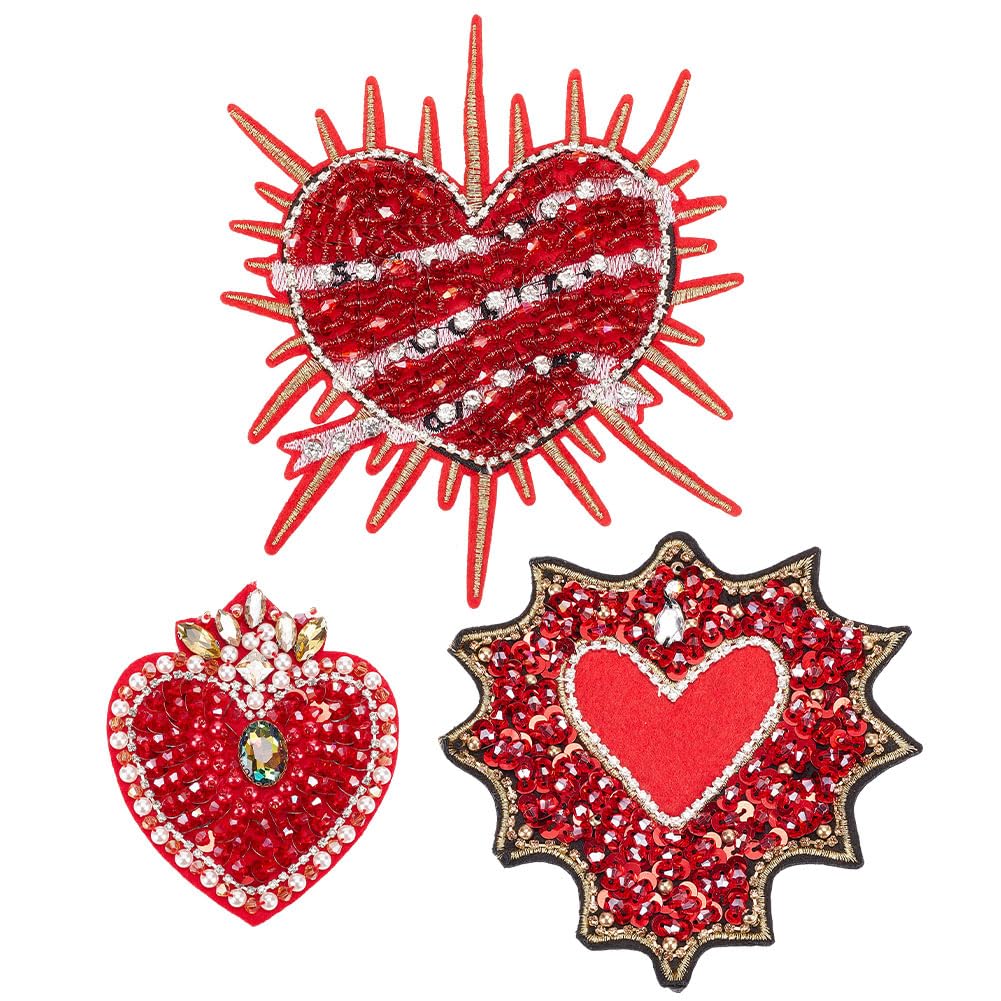 INFUNLY 3PCS Beaded Rhinestone Heart Patches 4.3x7.9 Inch - Red Cartoon DIY Sew On Appliques for Jeans, Jackets, Bags & Women's Clothing - Perfect for DIY Fashion, Arts & Crafts, and Gift Making