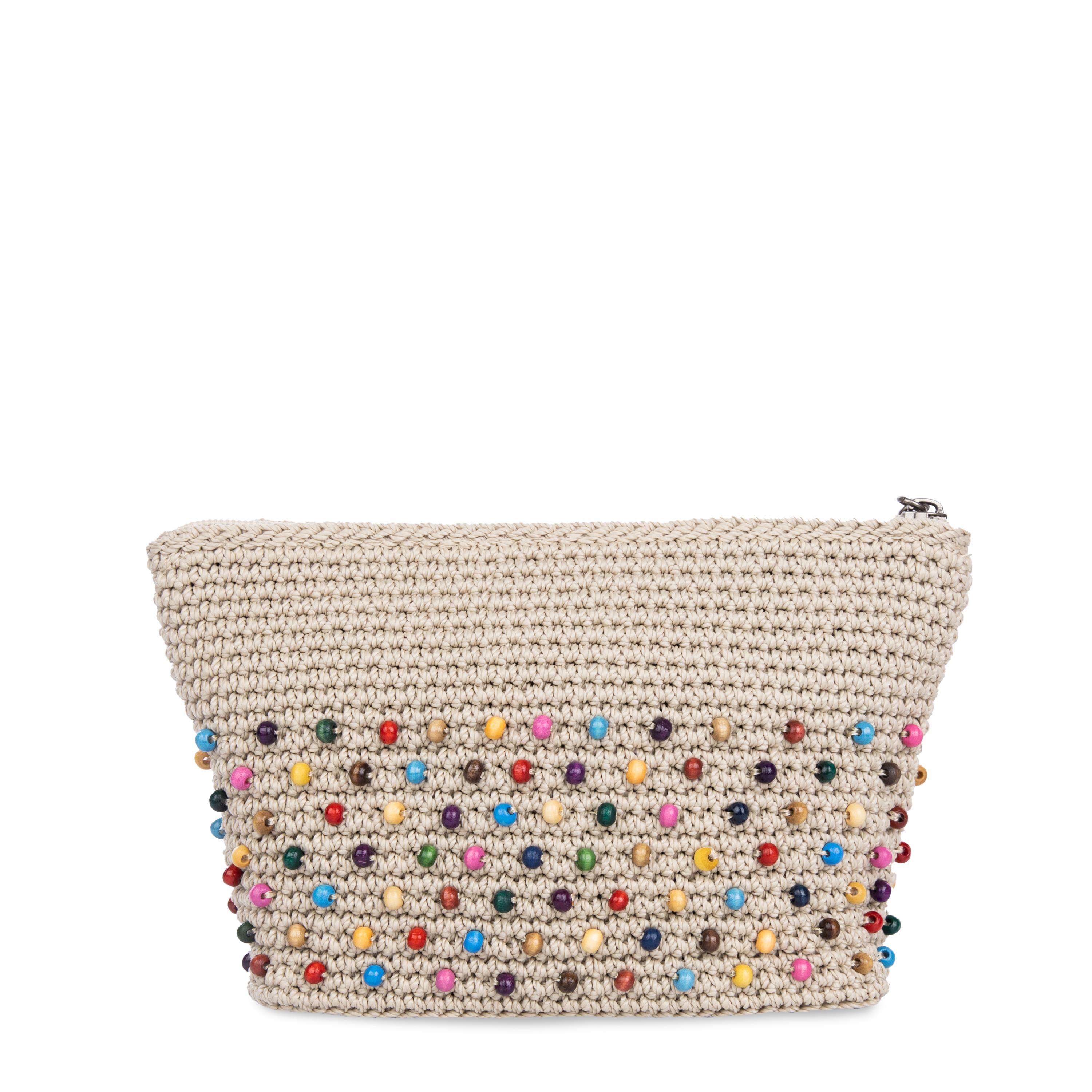Handmade Crochet Essential Pouch with Ecru Multi Beads - Perfect for Travel, Makeup, Jewelry & Small Item Storage