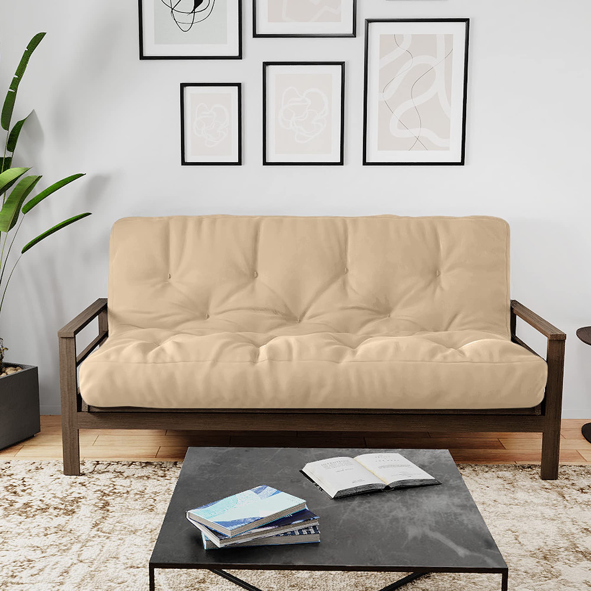 12 Inch Queen Size Foam Futon Mattress by The Futon Factory - CertiPUR Certified US-Made Memory Foam - Solid Khaki Fabric (Frame Not Included) | Perfect for Guest Rooms, Small Apartments & Dorm Rooms