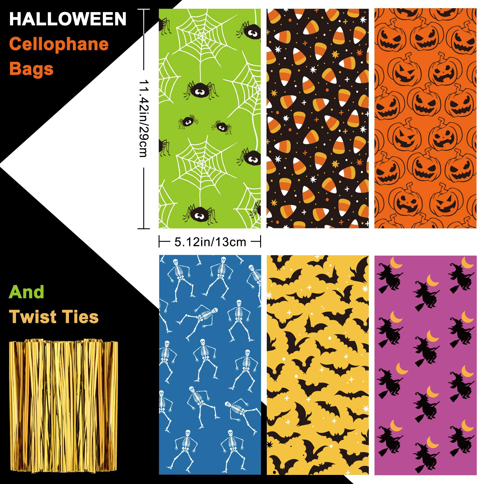 150Pcs Halloween Cellophane Bags - 6 Designs with Twist Ties (Pumpkin, Spider, Bat, Bone) - Candy Treat Bags for Halloween Party Favors, Sweet Gifts & Table Decorations - Perfect for Trick-or-Treat, Classroom Treats & Halloween Party Decor