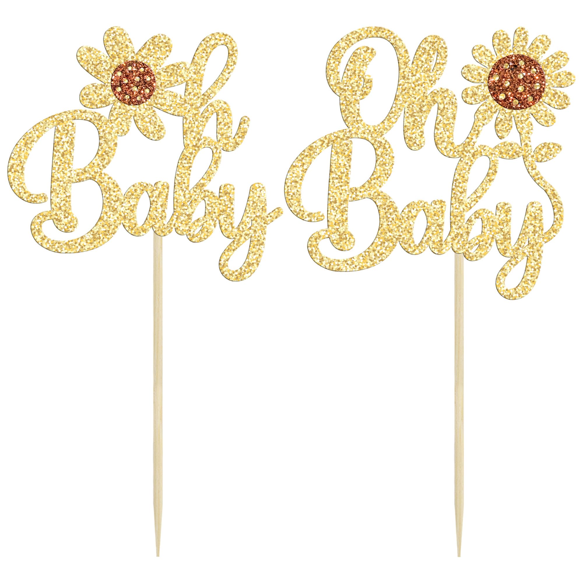 24 Pack Gold Glitter Sunflower Cupcake Toppers - Oh Baby Decorations for Baby Showers, Summer Parties & Kids Birthday Cakes | Floral Cake Decor Supplies for Baby Shower Themes & Summer Celebrations