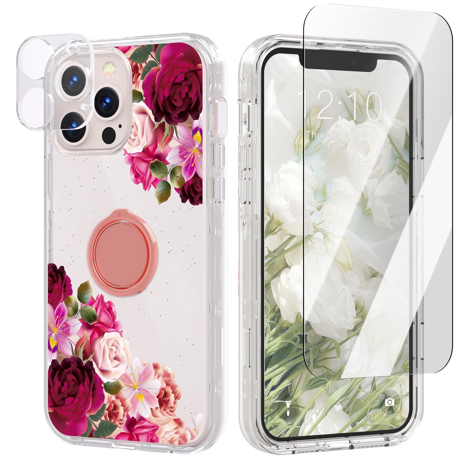 ACKETBOX iPhone 13 Pro Max Case with Screen Protector & Camera Lens Protector + Ring Holder - Floral Phone Cover for iPhone 13 Pro Max (Big Red Flower 01) - Perfect for Daily Use, Outdoor Activities & Travel Protection