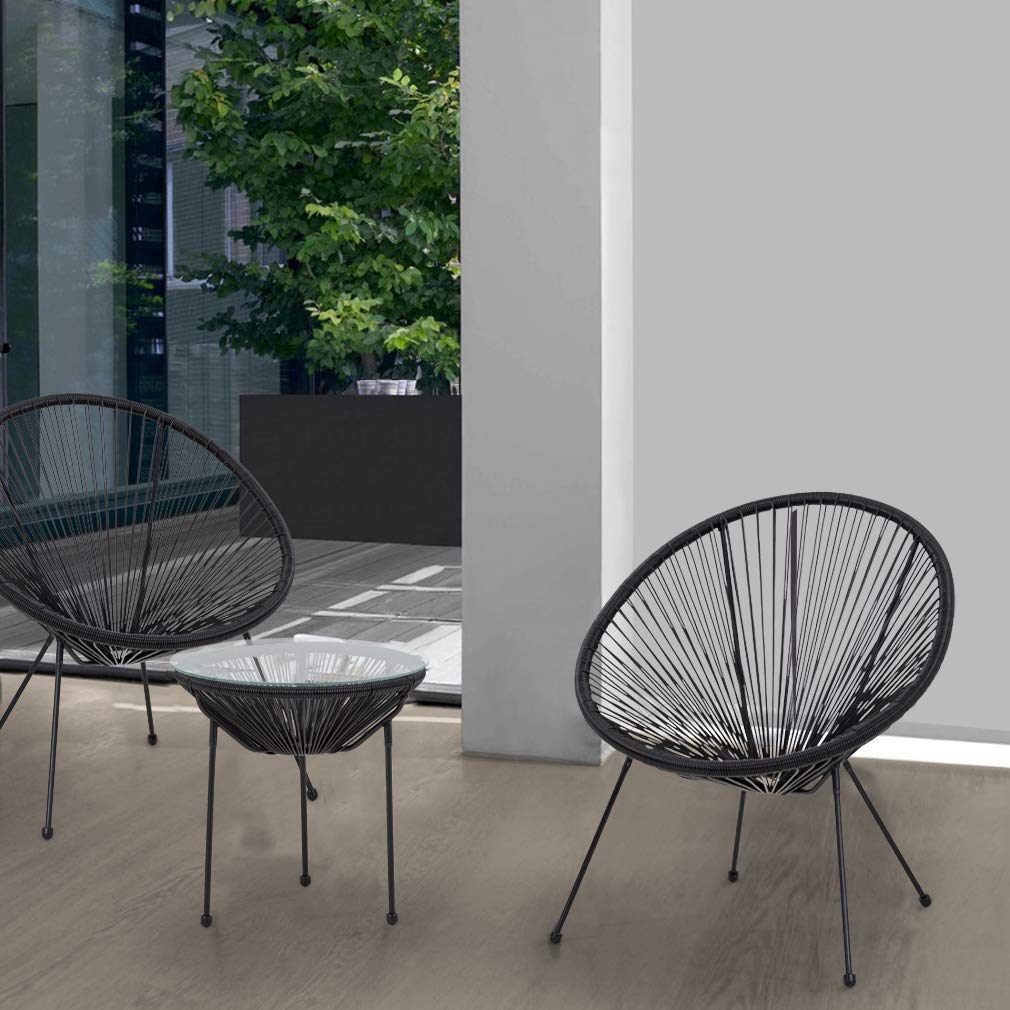 **FDW 2-Piece Outdoor Bistro Set - All-Weather Acapulco Chairs with Glass Top Side Table, Black Hammock Weave Patio Furniture for Garden, Balcony & Small Spaces**