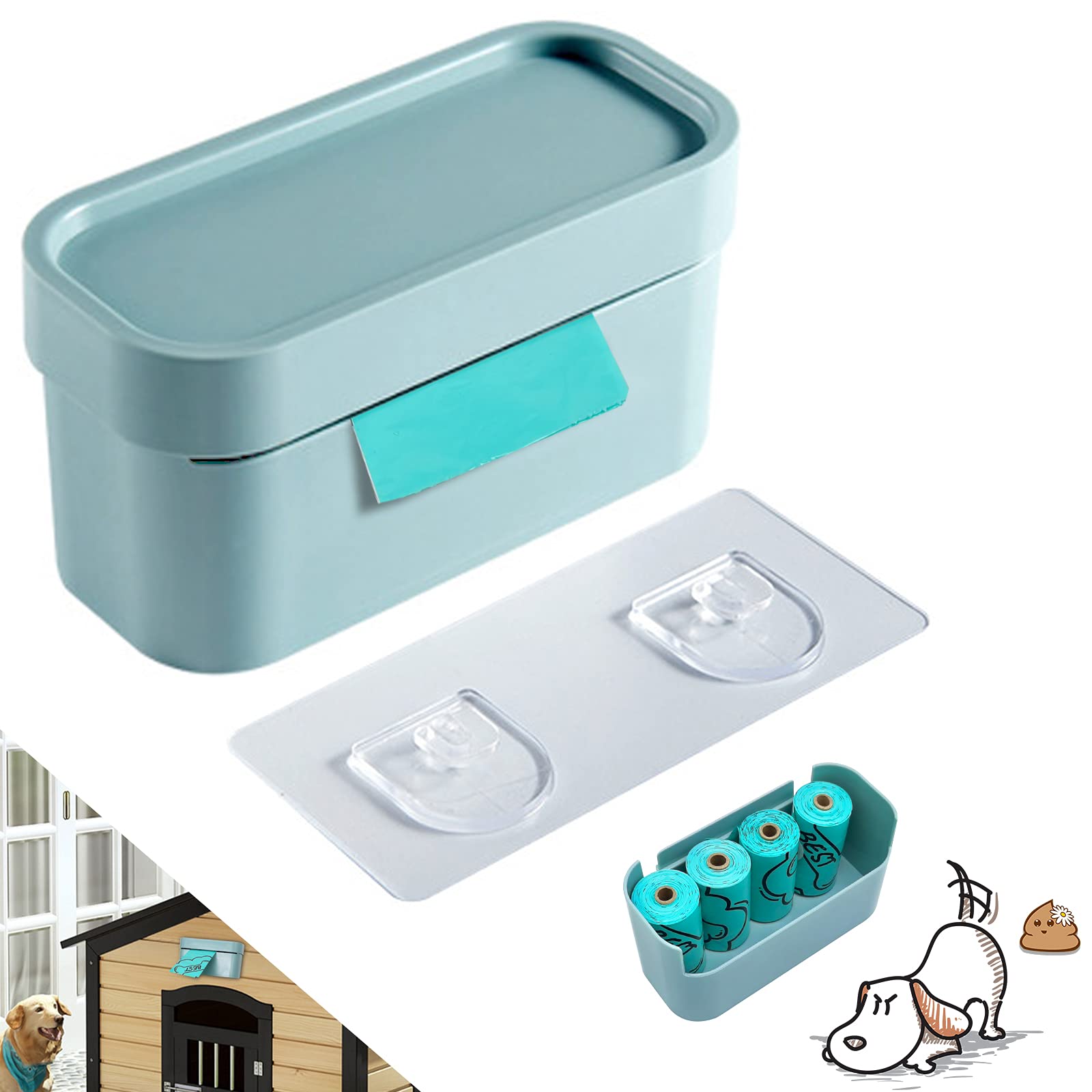 Wall Mounted Dog Waste Bag Dispenser with 7 Leak-Proof Rolls - Outdoor Pet Poop Bags Holder & Storage Station for Garden, Yard, Kitchen, Bathroom (Blue) | Convenient Dog Potty Solution for Home & Travel