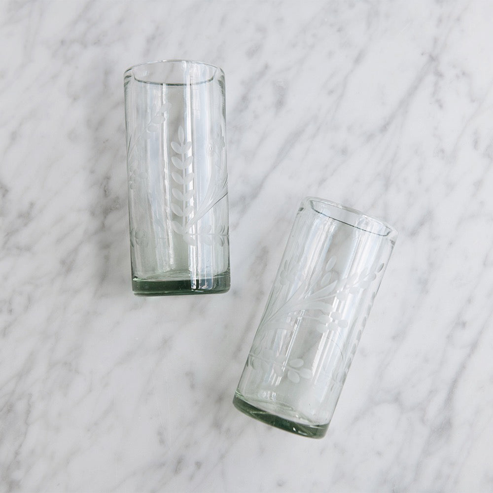 Elegant Hand-Etched Floral Recycled Glassware Set - Eco-Friendly Drinking Glasses for Wine, Juice & Cocktails - Perfect for Parties, Weddings & Home Decor