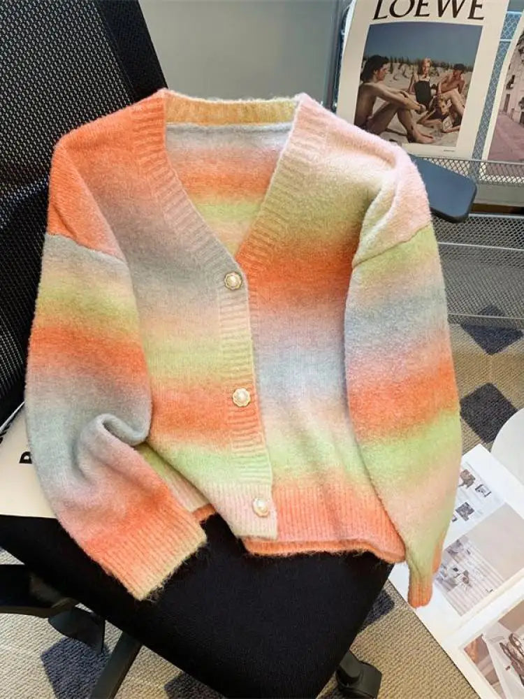 French Retro Rainbow Colorblock Knit Cardigan for Women - Elegant V-Neck Long Sleeve Sweater | Perfect for Autumn Winter Fashion, Office Wear & Casual Outings