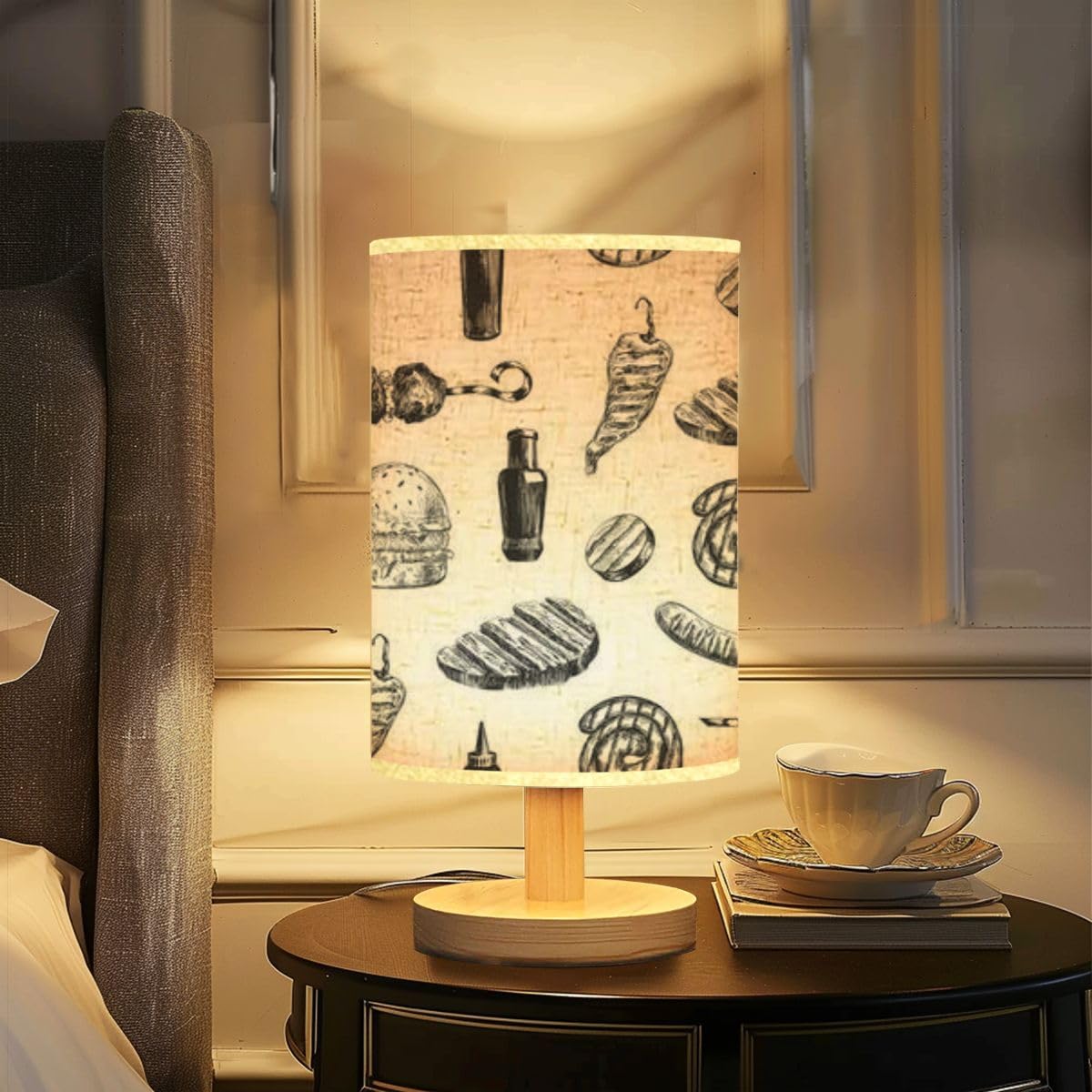 Dimmable Bedside Table Lamp with Wood Base & Linen Lampshade - Nightstand Lamp for Bedroom, Living Room & Office - BBQ Grilled Meat Pattern Design for Kitchen Decor