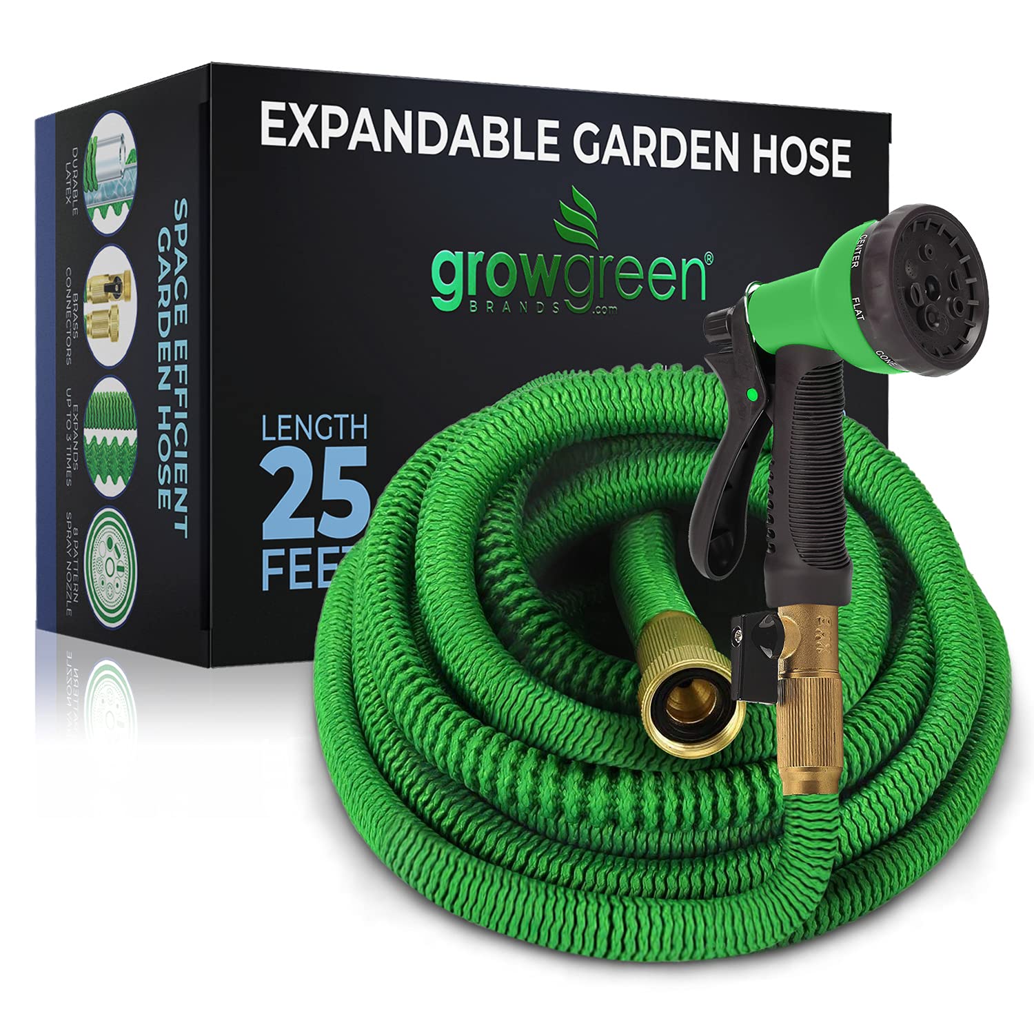 **Growgreen Expandable Garden Hose 25 Ft with 8 Function Nozzle - Flexible, Lightweight, Durable Double Latex Core & Solid Brass Connectors - Perfect for Watering Plants, Washing Cars, and Outdoor Cleaning**