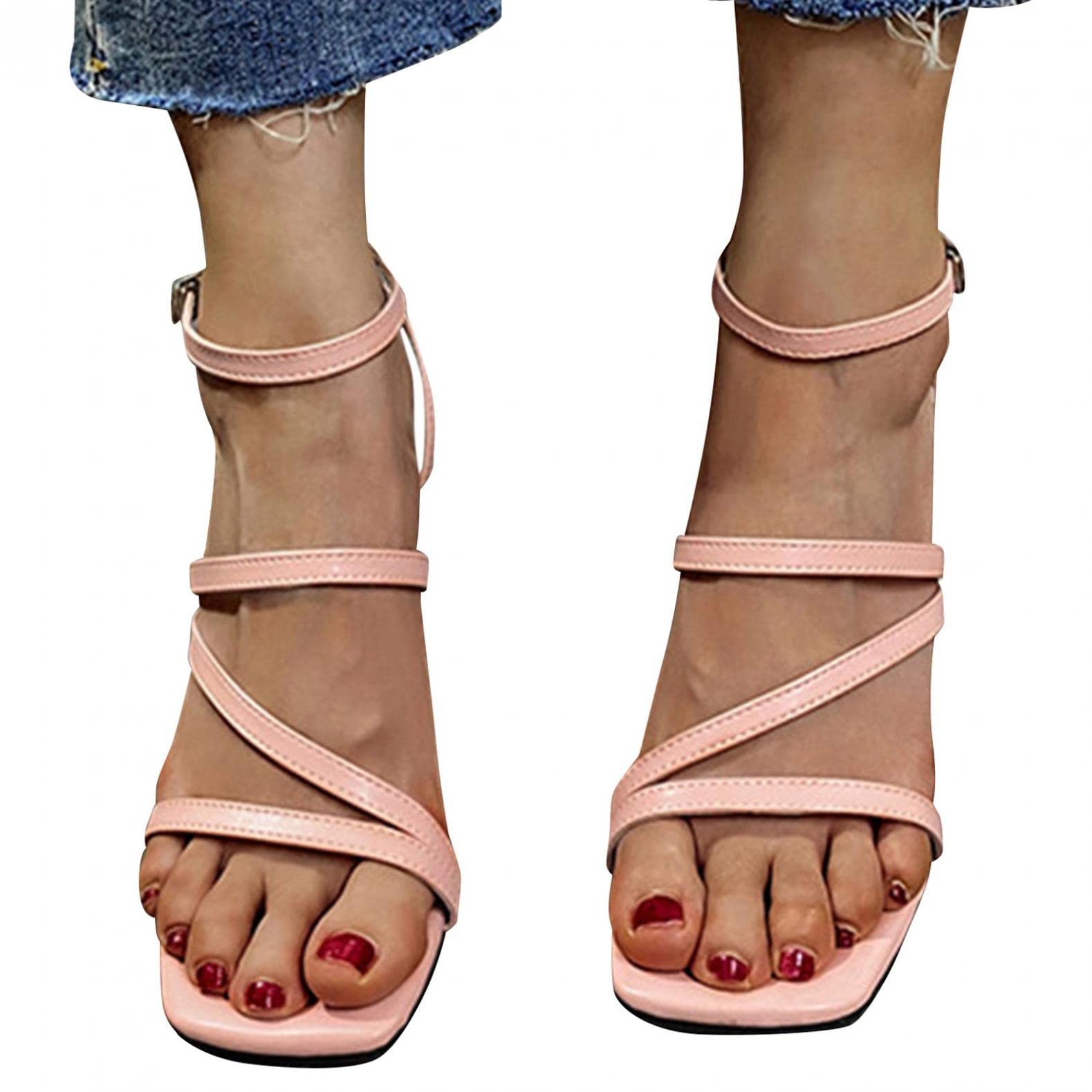 **Women's Chunky Heel Sandals - Open Square Toe Ankle Strap Buckle Slip-On High Block Heels | Sexy Black Dress Sandals for Wedding, Party, Homecoming, Prom & Evening Outfits**