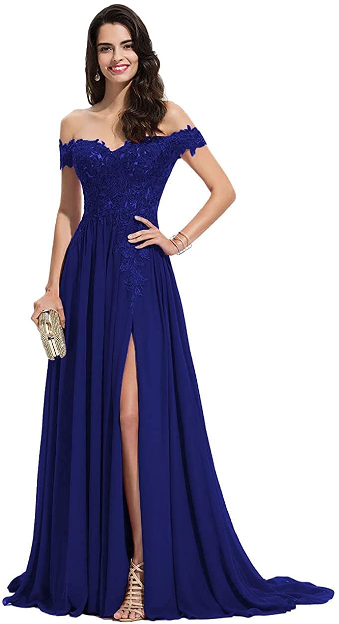Elegant Chiffon Off Shoulder Prom Dress with High Slit & Lace Applique - Women's Formal Evening Gown for Homecoming, Wedding Guest, and Special Occasions