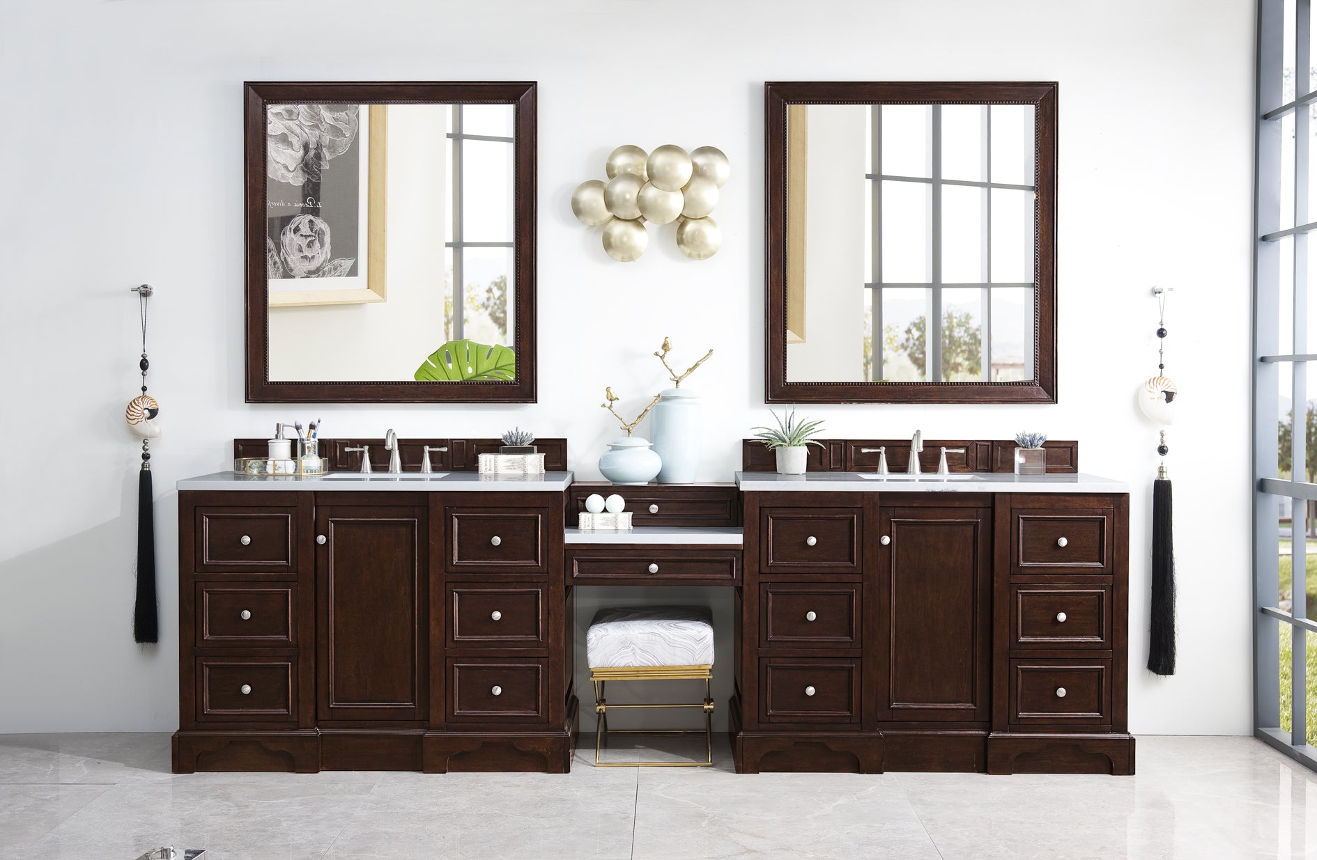 De Soto 118 Double Vanity Set with Makeup Table - Burnished Mahogany Finish & 3CM Arctic Fall Solid Surface Top | Perfect for Master Bathroom, Dressing Room & Beauty Salon Organization