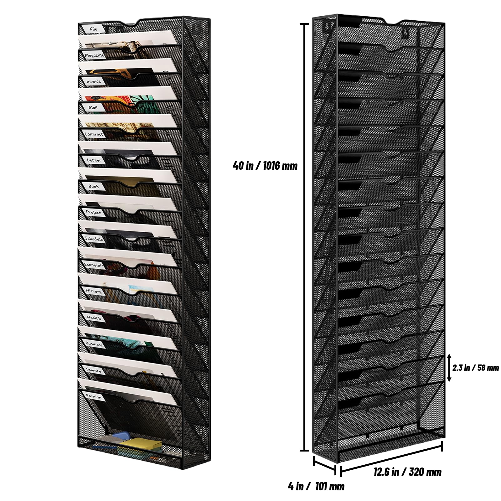16-Pocket Mesh Wall File Holder - Metal Hanging File Organizer for Office & Home - Black Wall-Mounted Mail & Document Storage - Perfect for Office Organization, Classroom Supplies, and Home Office Decor
