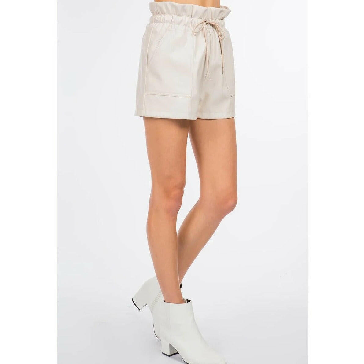Stylish Beige Leather Shorts with Pocket Detail - Perfect for Casual Outings, Summer Fashion & Streetwear Looks