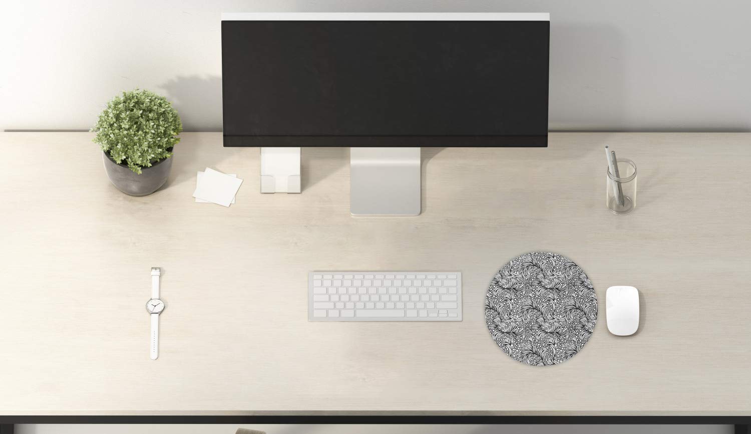 Ambesonne Round Non-Slip Rubber Gaming Mouse Pad - 8 Inch Black & White Abstract Ocean Waves Design - Perfect for Computers, Laptops, Office & Gaming Setups