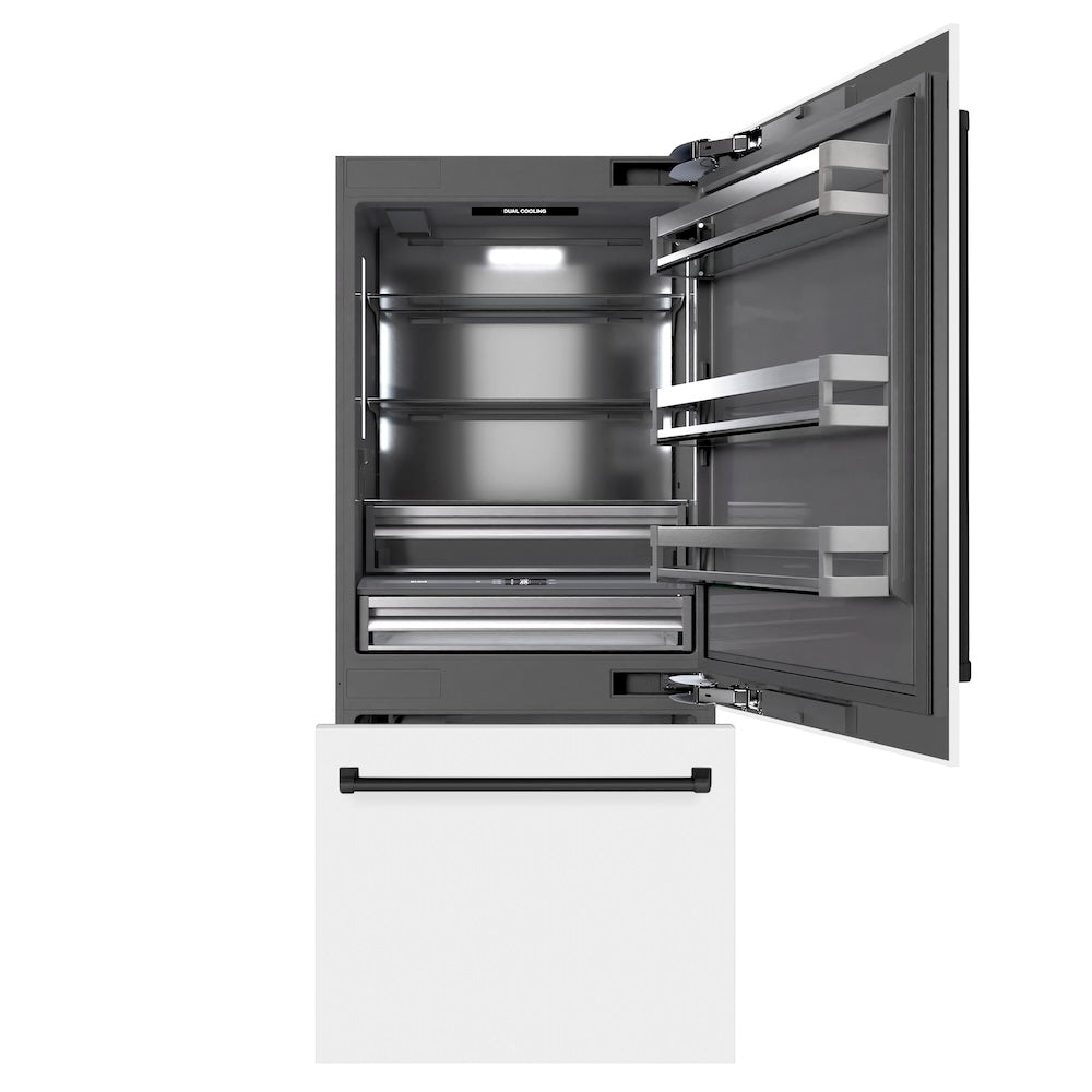 ZLINE Autograph Edition 36 Inch Built-In Bottom Freezer Refrigerator - 19.8 cu.ft Capacity, Water Dispenser & Ice Maker - White Matte Exterior with Graphite Gray Interior & Matte Black Accents (GRBITZ WM 36 MB) - Perfect for Modern Kitchens, Open Concept Homes & Luxury Appliances Collection