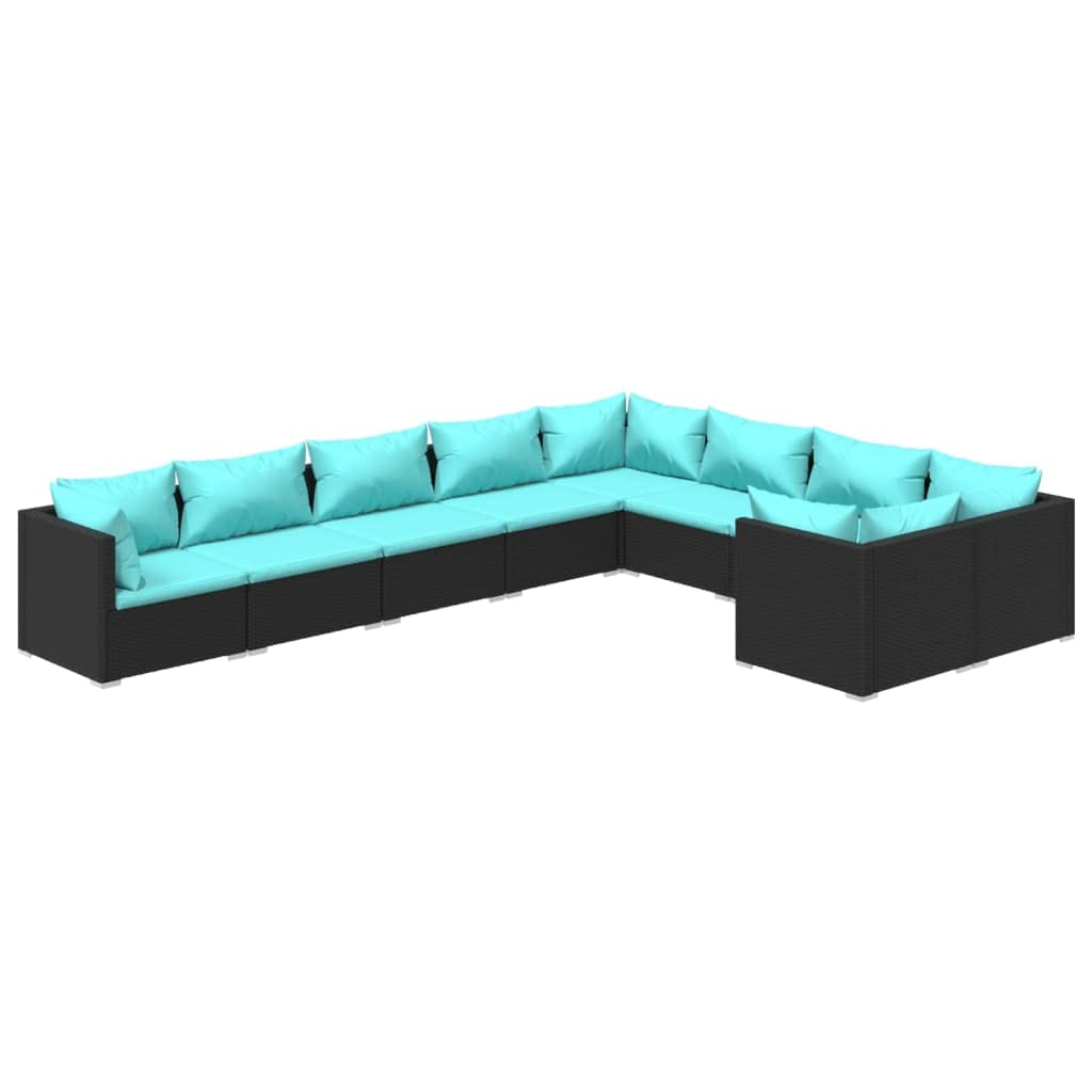 Modular Poly Rattan Patio Lounge Set with Cushions - Durable Steel Frame Outdoor Furniture with Removable Fabric Cushions in Black & Blue - Perfect for Backyard, Poolside & Garden Relaxation