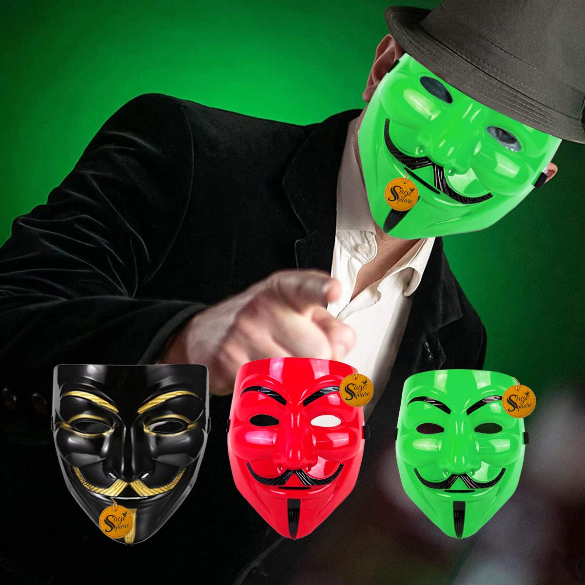 V for Vendetta Face Mask Set of 3 - Anonymous Cosplay Mask, Sage Square Black Green Red Fawkes Mask, Perfect Fit Halloween Costume Accessory | Protest, Cosplay, Movie Theme Parties, Political Events