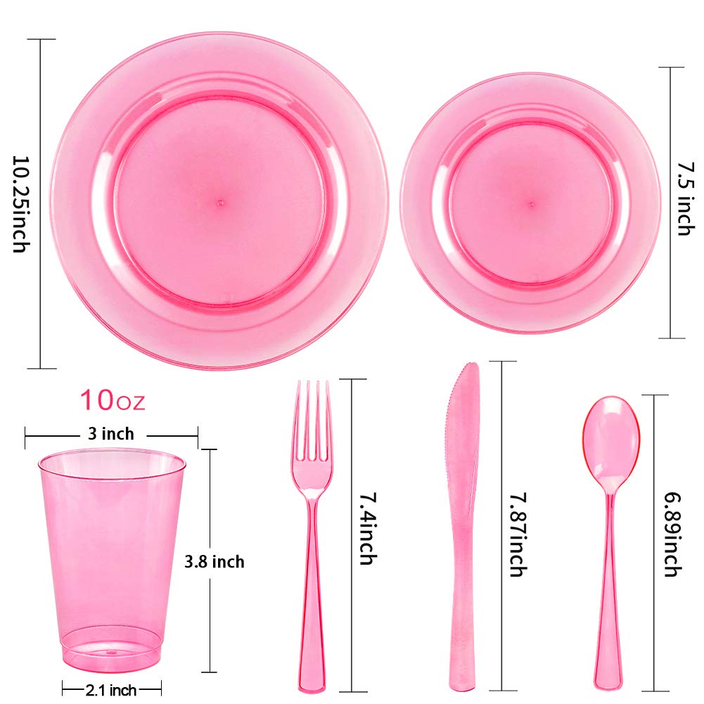 25-Piece Pink & Purple Disposable Plastic Dinnerware Set - Plates, Cups & Silverware for Parties, BBQs, Birthdays & Events - Neon Clear Plastic Tableware for 25 Guests