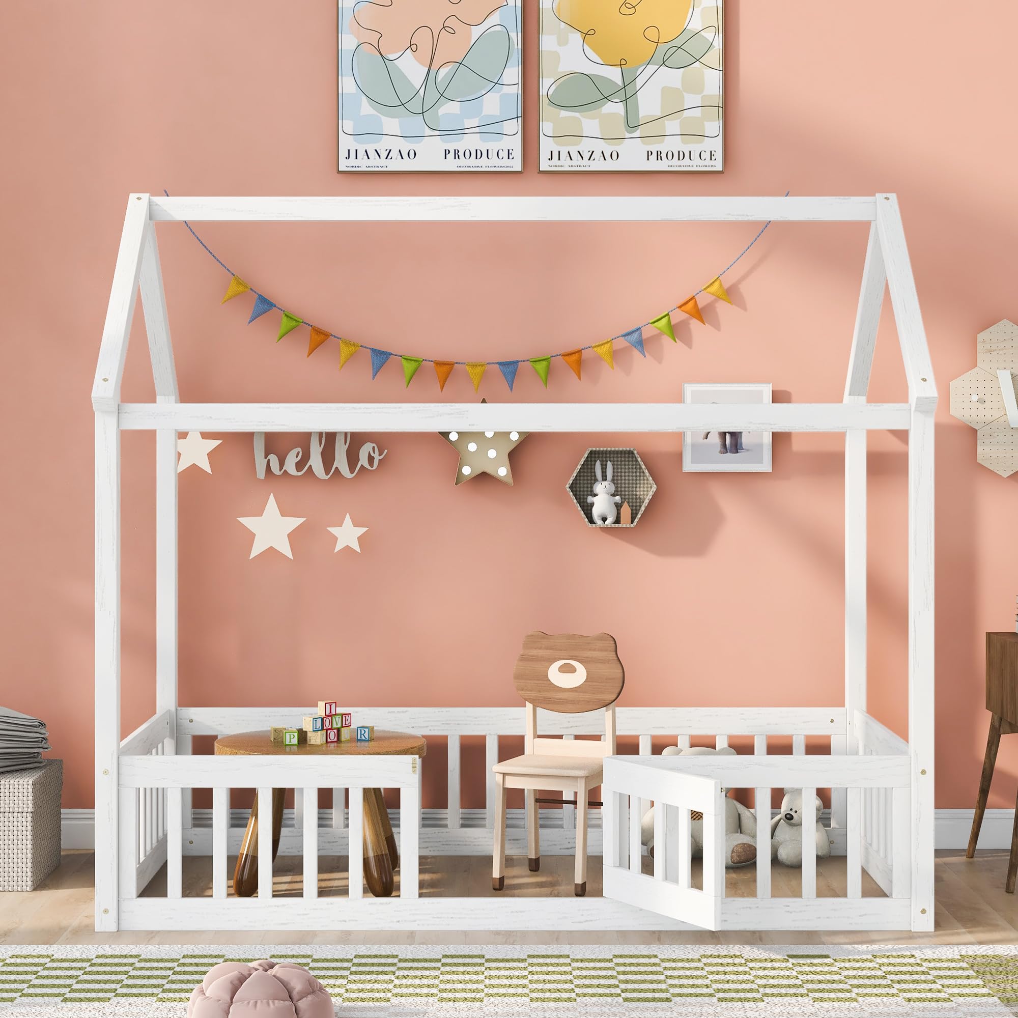 BestLM Twin House Shaped Montessori Floor Bed for Kids - Wooden Playhouse Bed Frame with Roof, Safety Fence Guardrails & Lockable Door - Twin Size Toddler Bed for Boys & Girls - White Wash Finish - Perfect for Kids' Bedrooms, Playrooms & Montessori Learning Spaces