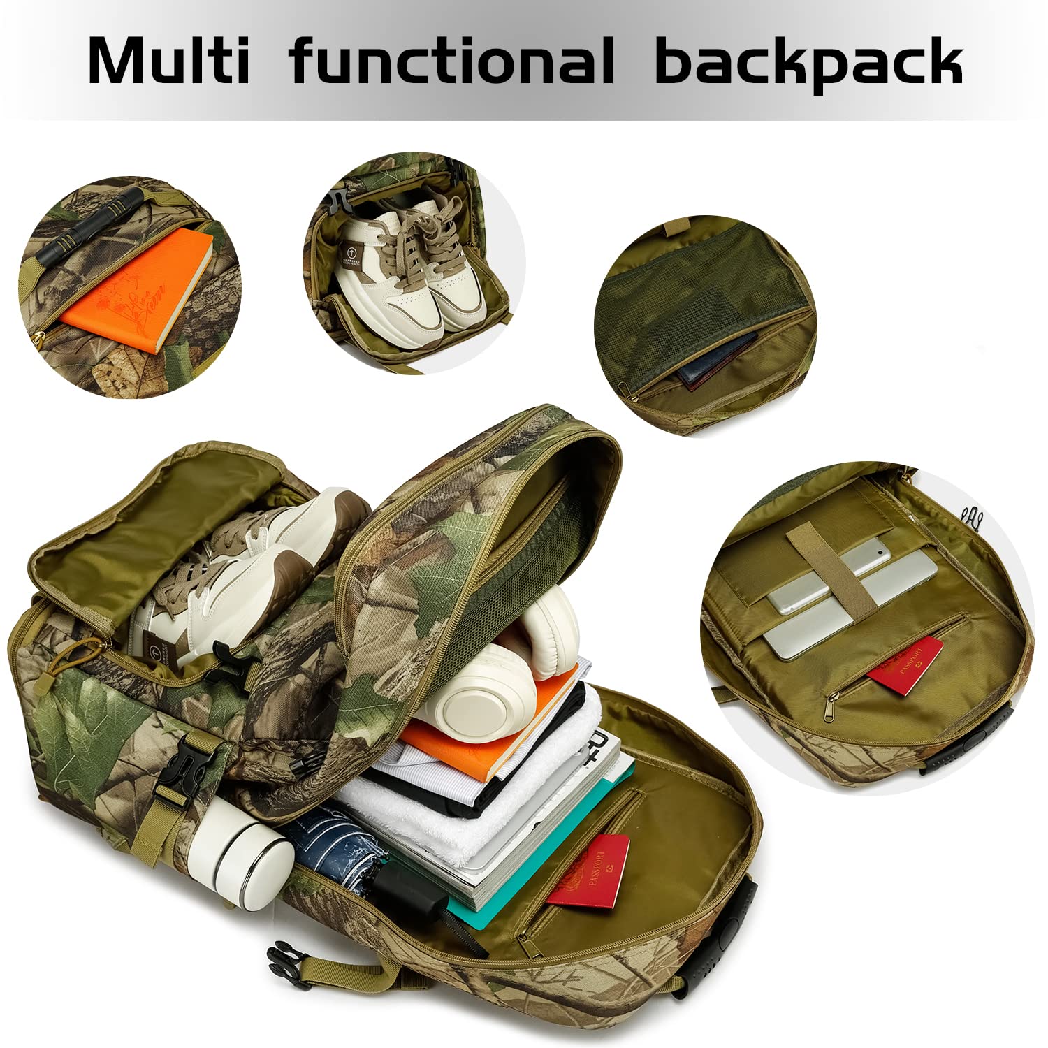 TUGUAN 50L/60L Expandable Military Tactical Backpack for Men - Waterproof Camouflage Laptop Hiking Backpack with Shoe Compartment, Large Capacity Durable Canvas Rucksack for Travel, Camping, Climbing & Outdoor Adventures