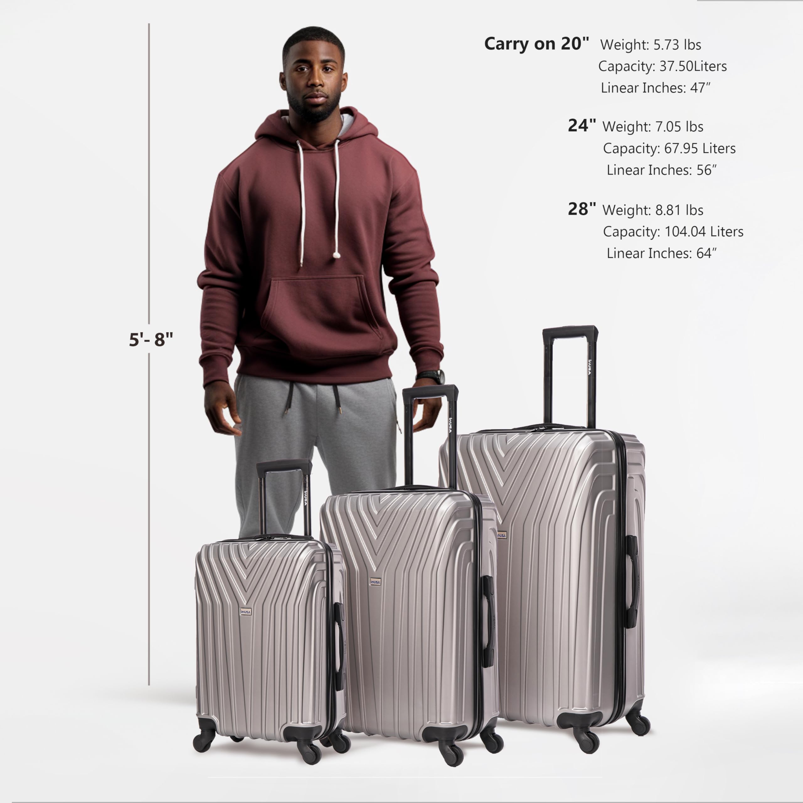 InUSA VASTY 3-Piece Hardshell Spinner Luggage Set (20in, 24in, 28in) - Lightweight Durable Suitcase with Trolley Handle for Air Travel, Business Trips & Family Vacations - Grey
