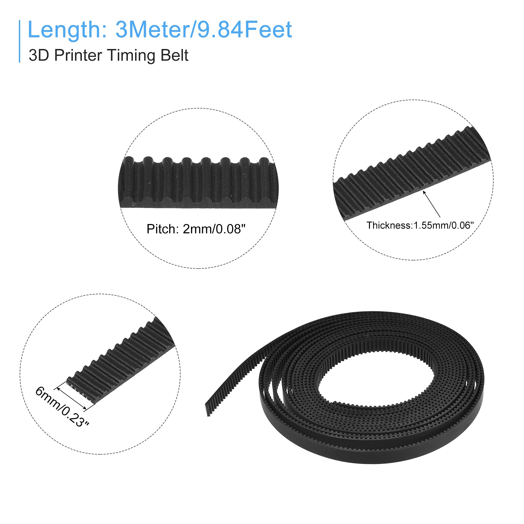 **MECCANIXITY Black Rubber Timing Belt - 3 Meter Circumference, 6mm Width - Compatible with Synchronous Pulley Wheels for 3D Printers - Perfect for DIY 3D Printing, CNC Machines, and Robotics Projects**
