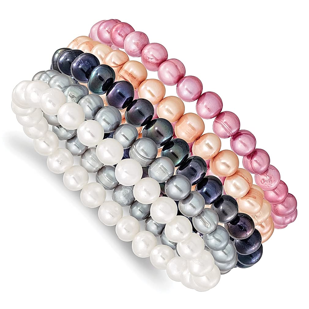 7-8mm Freshwater Cultured Pearl Stretch Bracelet Set - White/Grey/Black/Pink/Purple ICE CARATS Adjustable Wrap Fashion Jewelry for Women | Elegant Gift for Her, Perfect for Weddings, Parties & Everyday Wear