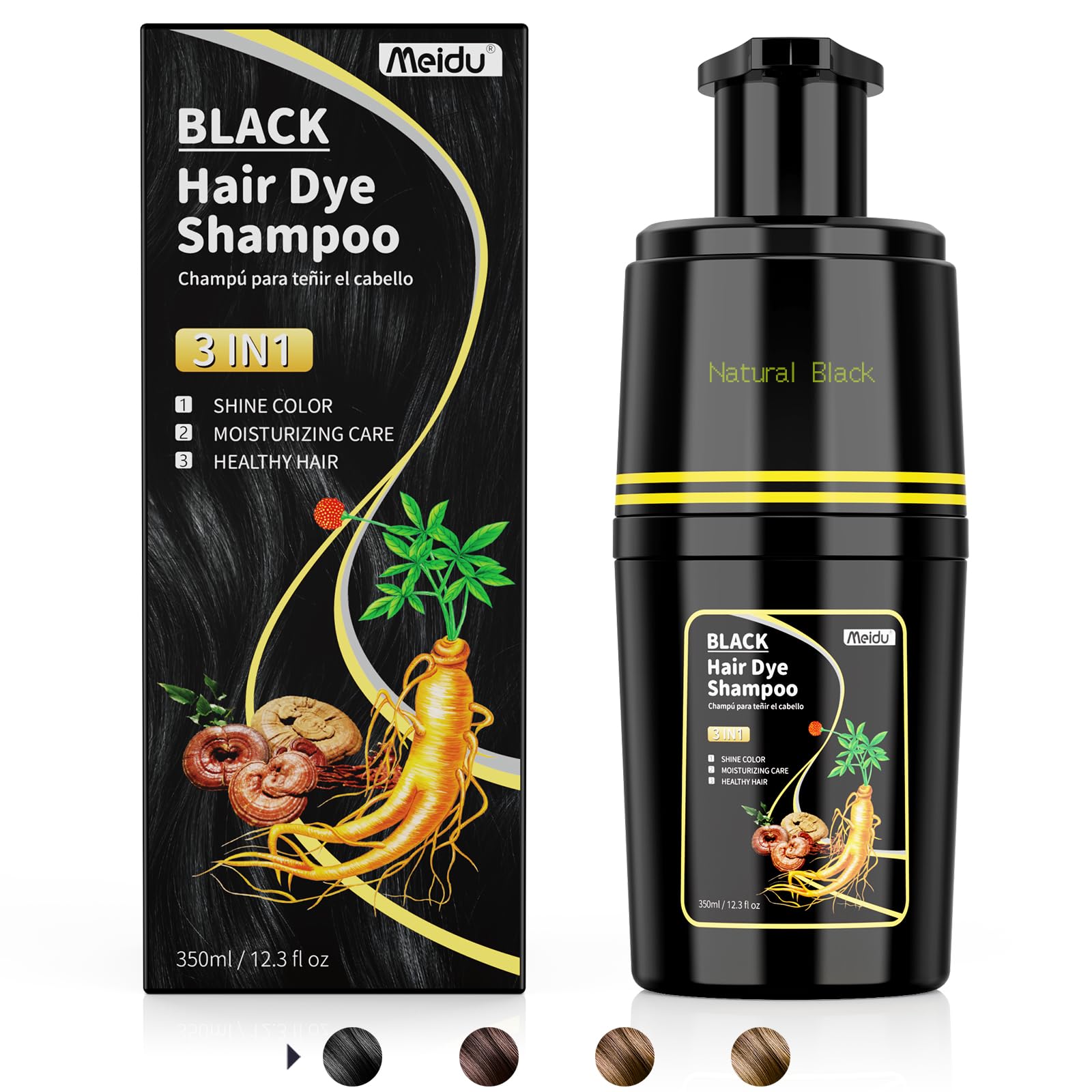 MEIDU 3-in-1 Black Hair Dye Shampoo for Gray Hair Coverage - Natural Permanent Hair Color Shampoo for Men & Women - Perfect for At-Home Hair Coloring & Quick Root Touch-Ups