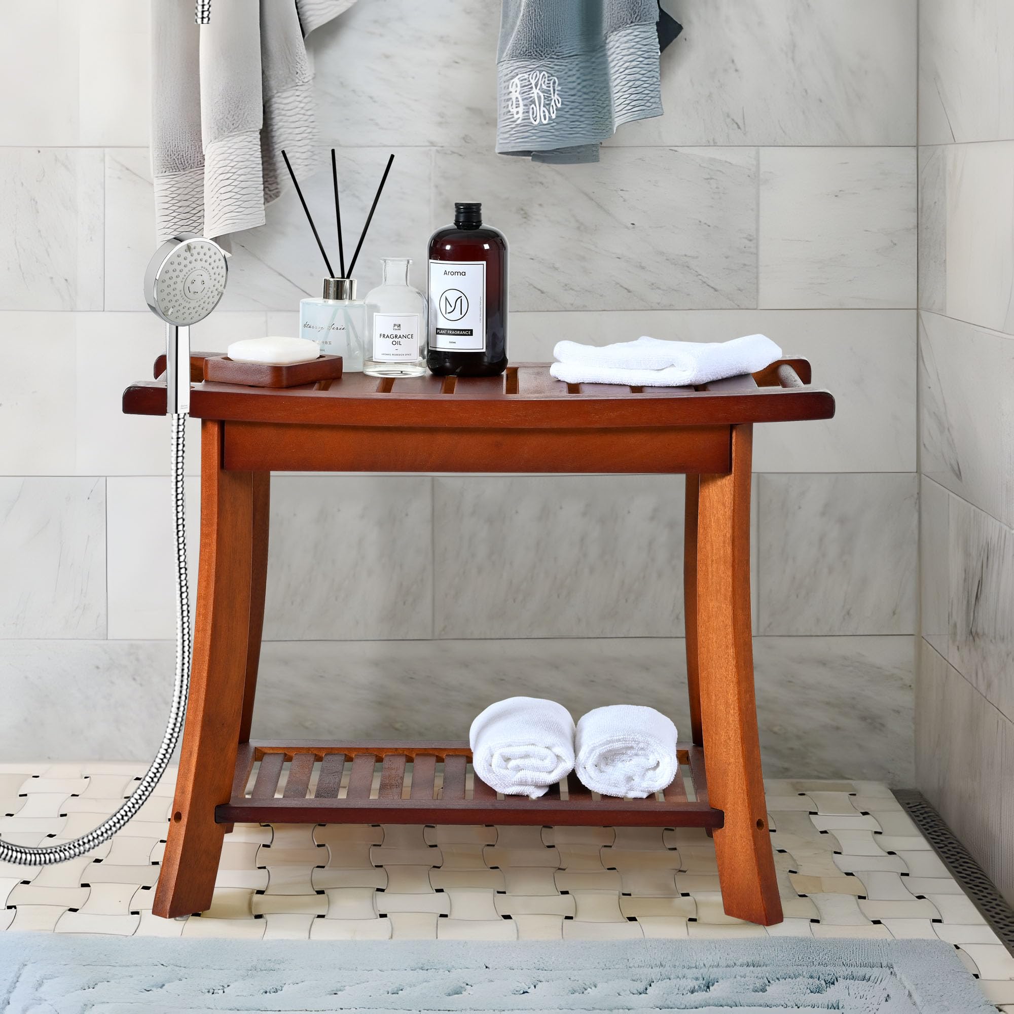 Teak Shower Chair Stool - 24 Inch Wooden Shower Bench Seat with Storage Shelf for Adults, Elderly & Disabled - Non-Slip Bathroom Stool for Indoor & Outdoor Use - Perfect for Spa, Bathroom Safety & Relaxation