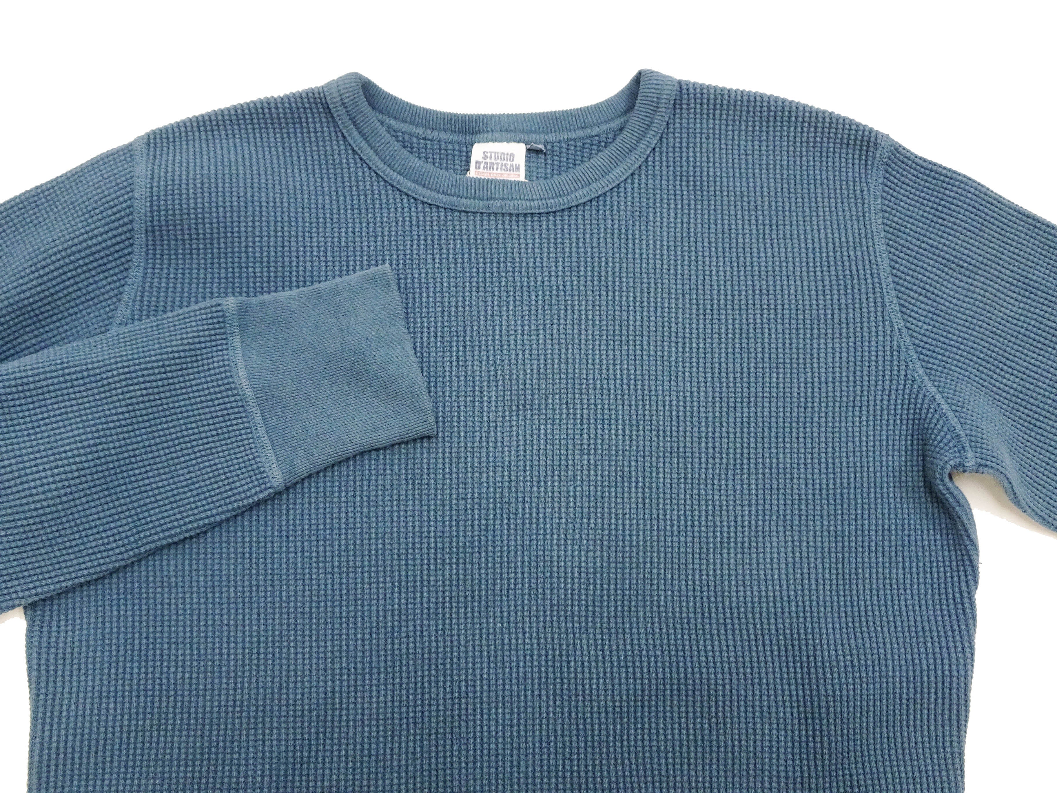 Studio D'artisan Men's Waffle Knit Thermal T-Shirt - Heavyweight Long Sleeve Crew Neck Casual Tee in Faded Blue (Style 9936) | Perfect for Winter Layering, Outdoor Activities & Everyday Wear
