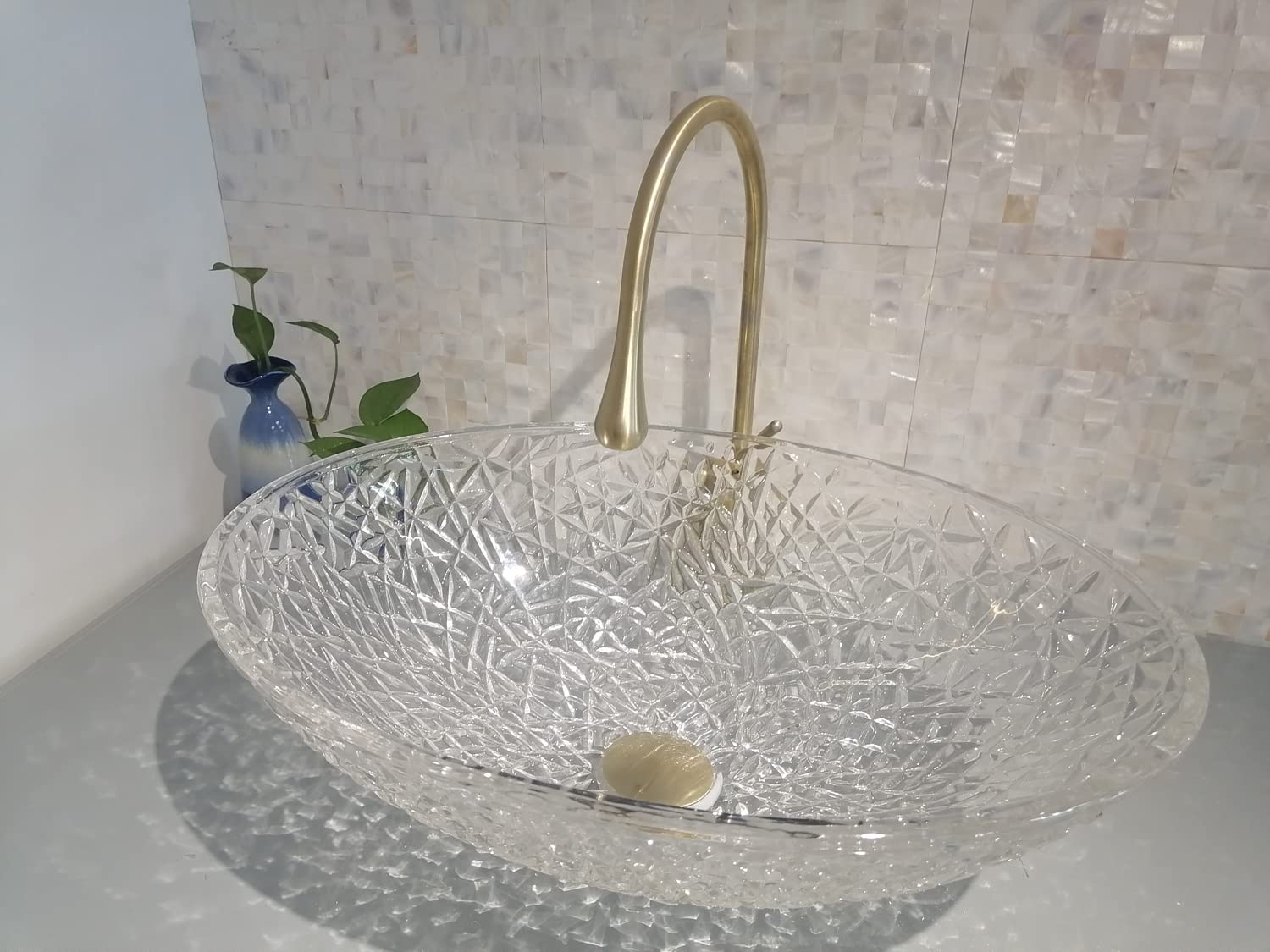 Premium Crystal Glass Vessel Sink - Oval Ice Clear Bathroom Vanity Countertop Sink with Pop-Up Drain | Glossy Surface Finish | Modern Luxury for Spa, Hotel & Upscale Home Bathrooms | FW-LA619