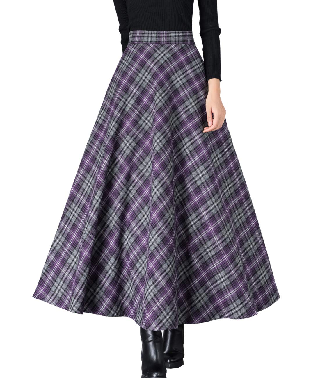 Vintage Plaid Wool Maxi Skirt for Women - Elastic Waist A-Line Long Skirt - Warm Winter Fashion Skirt for Office, Party & Holiday Outfits