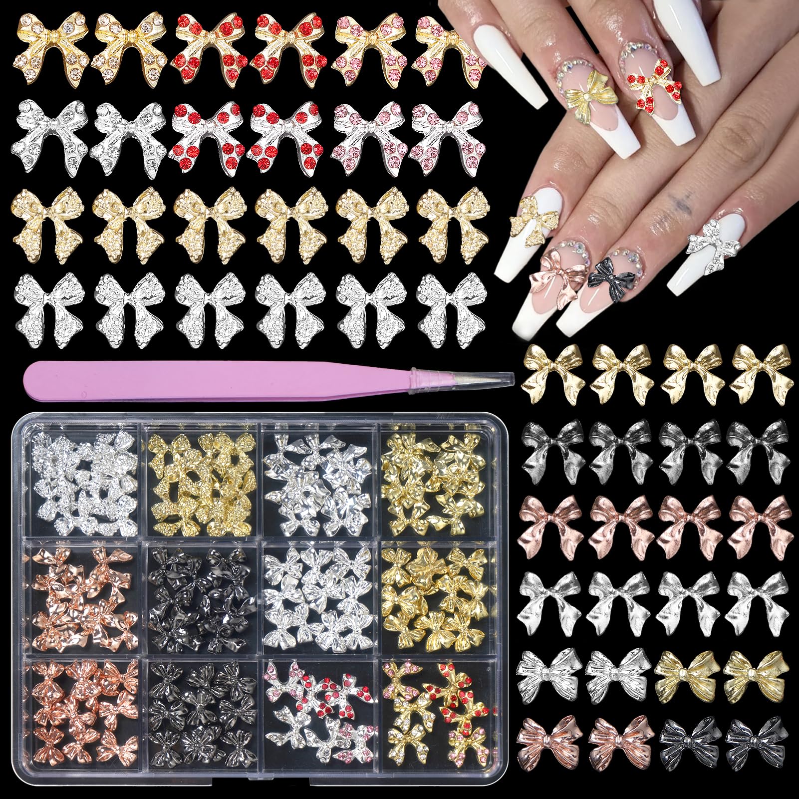 112 Pcs 3D Bow Nail Charms - 12 Styles Gold Silver Bowknot Nail Decorations, Black Metal Bow Nail Gems & Charms, Vintage Nail Art Accessories for DIY Manicure, Y2K Nail Design - Perfect for Parties, Weddings, and Special Occasions