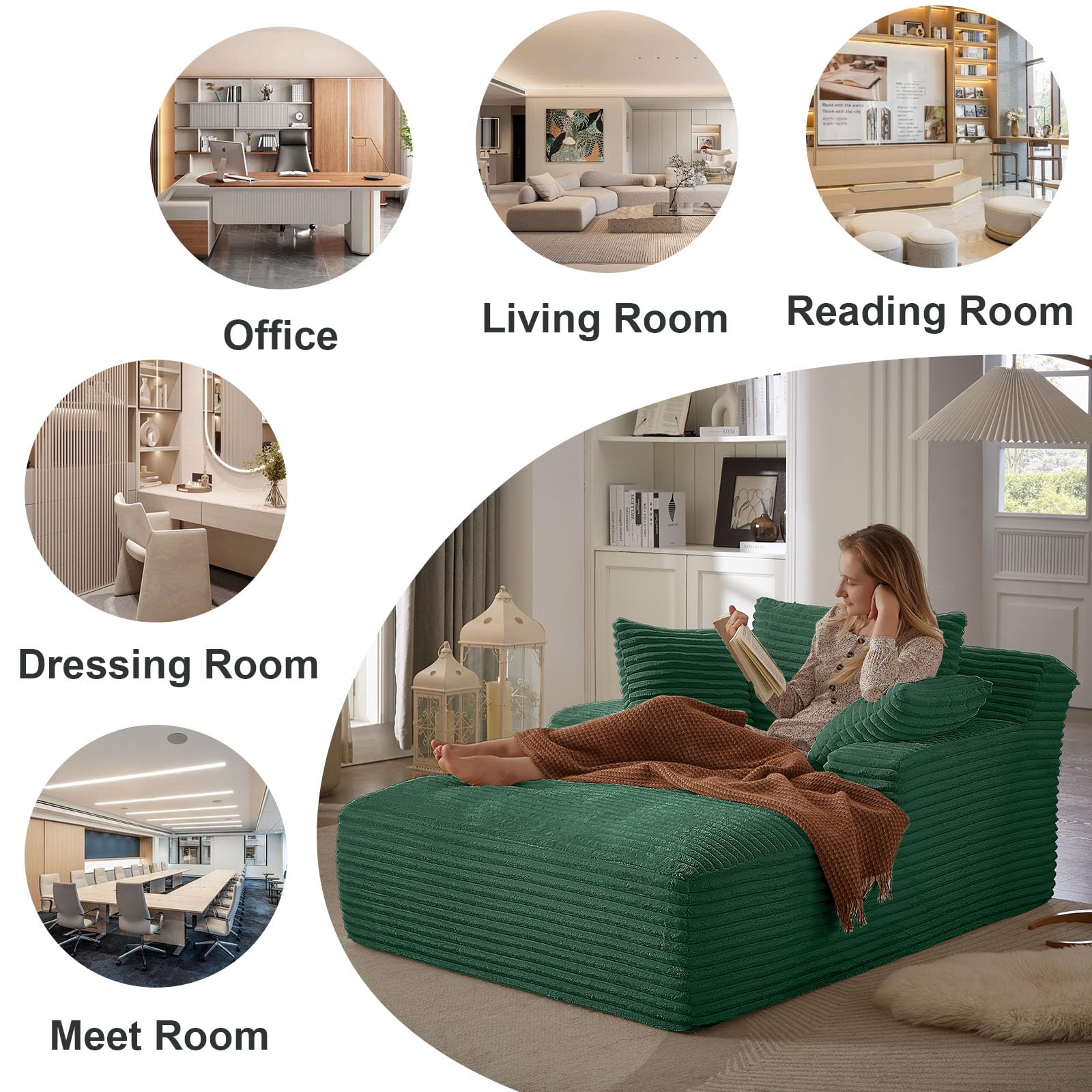Oversized Corduroy Chaise Lounge Sofa Bed with Throw Pillows & Armrests - Recliner Cloud Couch for Living Room, Bedroom, Home Office - Comfortable Sleeper Sofa for Relaxing, Napping & Entertaining Guests