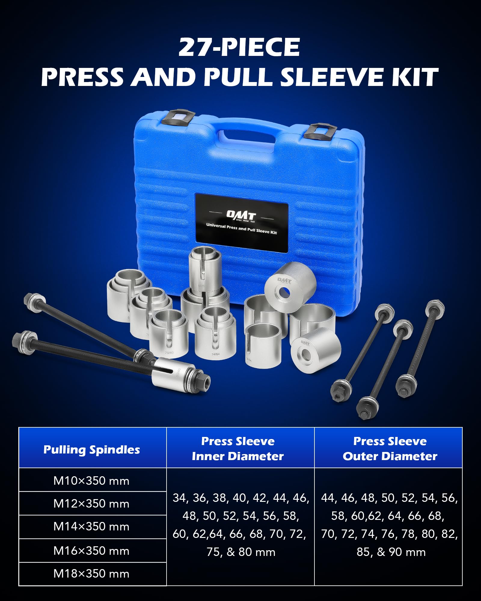 Orion Motor Tech 27-Piece Universal Bushing Press Kit - Heavy Duty Bearing & Seal Puller Set for LCV, HGV, and Engine Vehicles - Includes 5 Pulling Spindles with Nuts (Perfect for Automotive Repair Shops & DIY Mechanics)