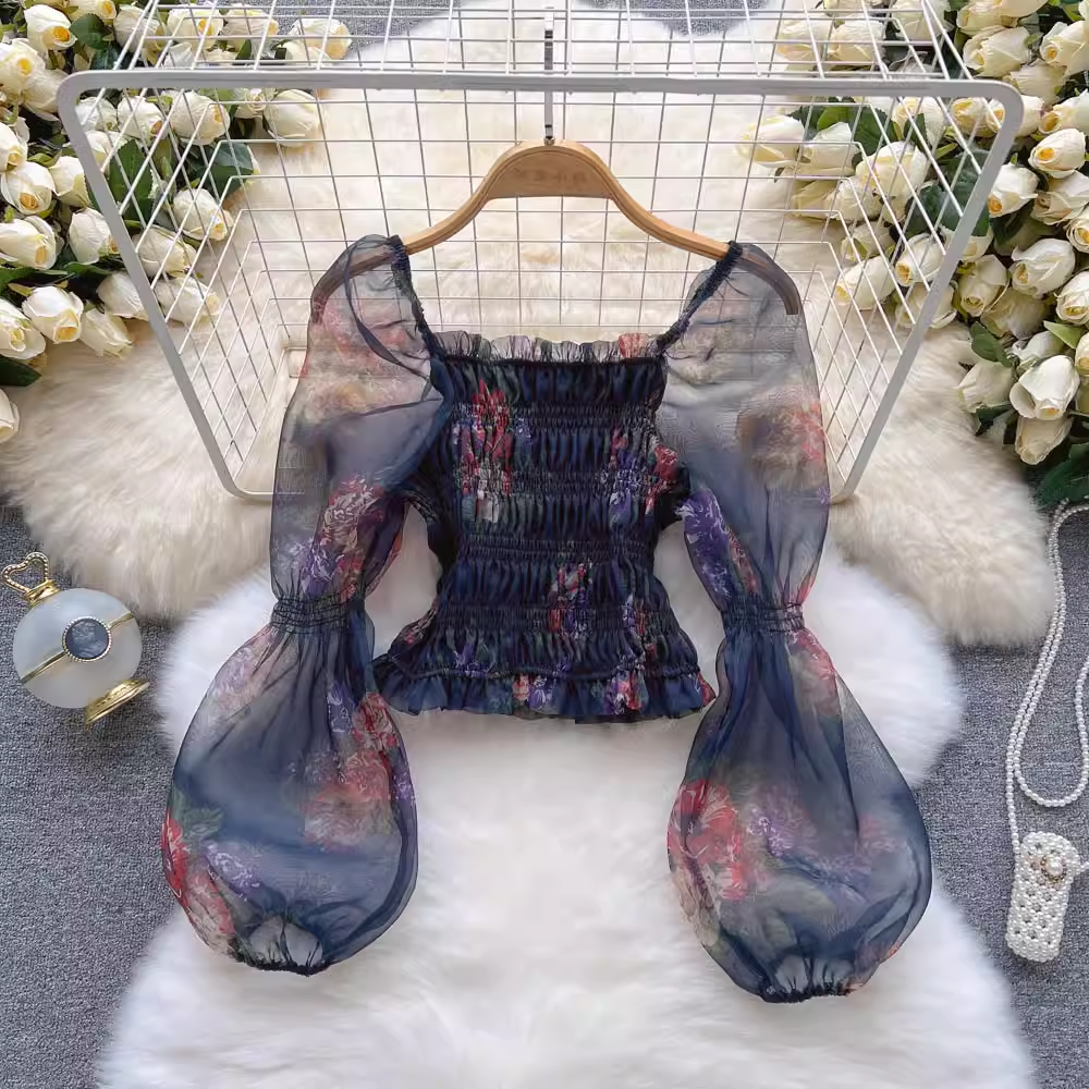 French Fairy Net Long Sleeve Printed Shirt - Summer Cropped Top for Women - Floral Lace Blouse - Boho Chic Fashion - Perfect for Beach, Festival & Date Night Outfits